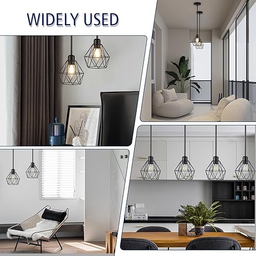 Miniatura 7 de Paquete de 2 luces colgantes negras para isla de cocina, moderna lámpara colgante de granja con pantalla de jaula de metal, lámpara colgante