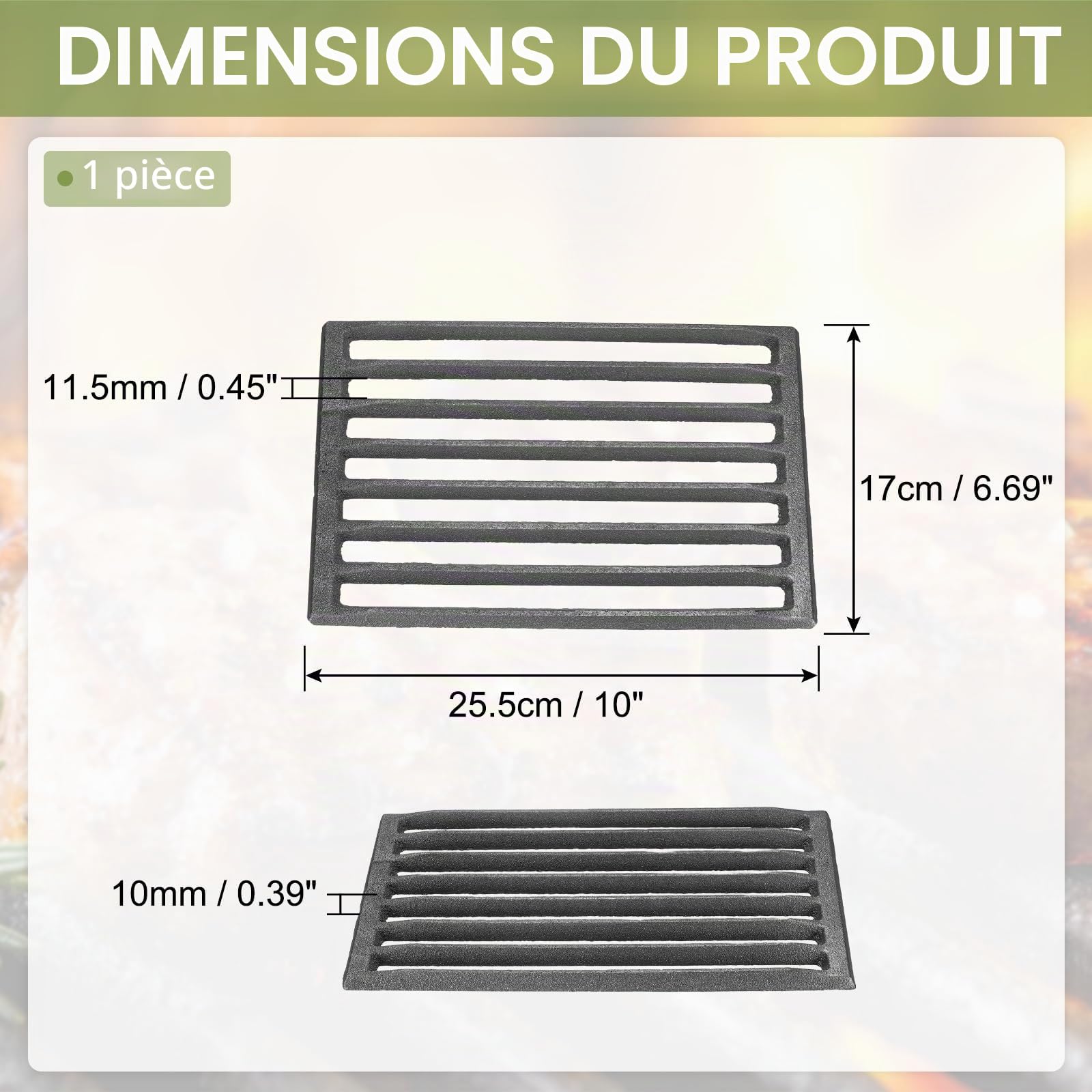 PATIKIL Grille De Feu en Fonte Grille De BBQ 6 Fentes pour Barbecue | Rectangle 10" Remplacement Plaque A Charbon Haute Temperature, Grille De Fond Accessoire De Cuisson