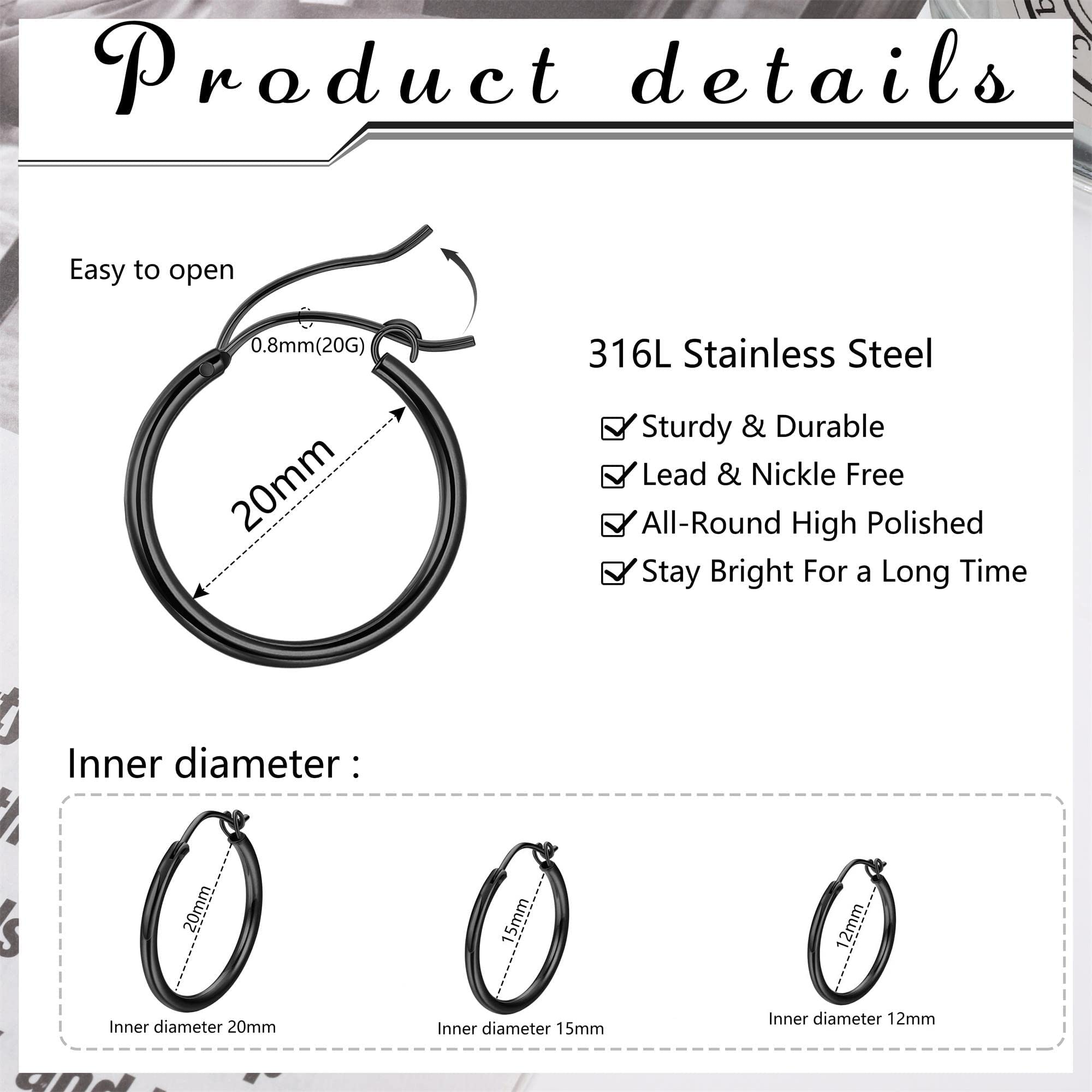Juego de 3 pares de aretes de aro de acero inoxidable para mujeres y hombres, aretes de aro pequeños, color negro, plateado, dorado, aros ligeros de 10 a 0.787 in, Acero inoxidable, Circonia 2