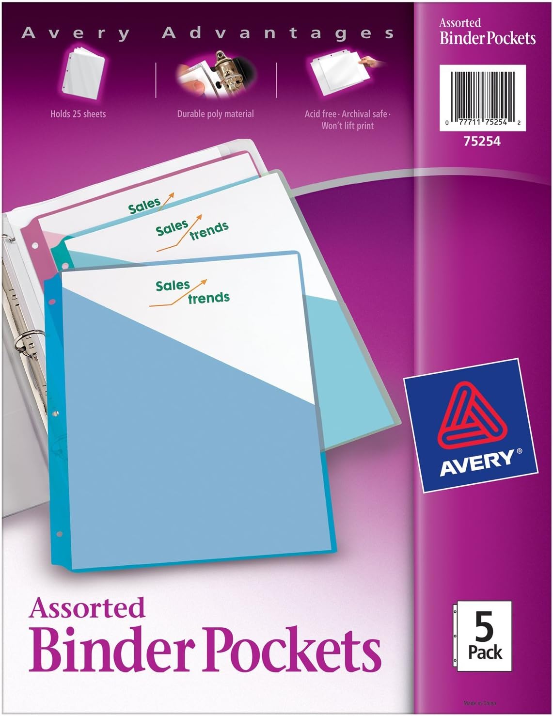 Avery Binder Pockets, Assorted Colors, 8.5" x 11", Acid-Free, Durable, 5 Slash Jackets (75254) : Avery Binder Pocket Folders : Office Products