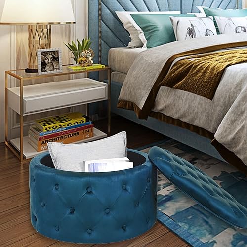 Miniatura 4 de Homebeez Otomana redonda de terciopelo para almacenamiento, reposapiés con botones copetudos, mesa de centro para sala de estar, 24.8 pulgadas de
