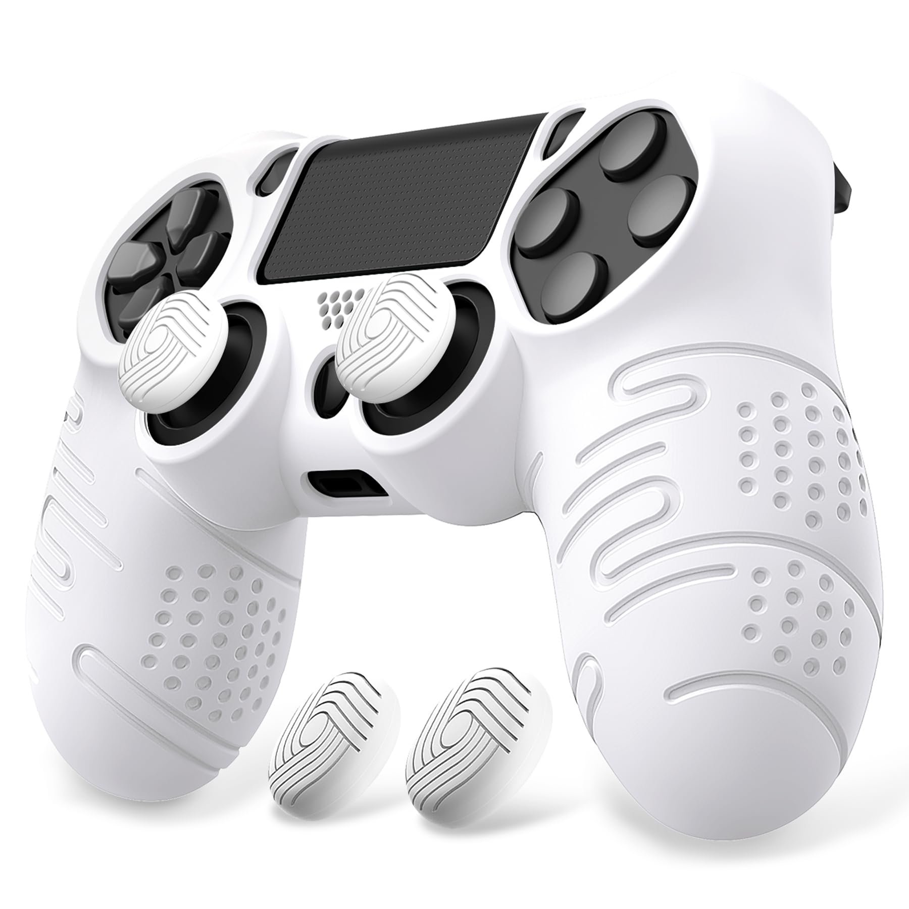 PlayVital Cover per ps4 Controller,Custodia Skin Protettiva Silicone Antiscivolo per ps4 Slim Pro Joystick con Gommini Copri Levette Analogiche(Linea&Punto Edizione)-Bianco