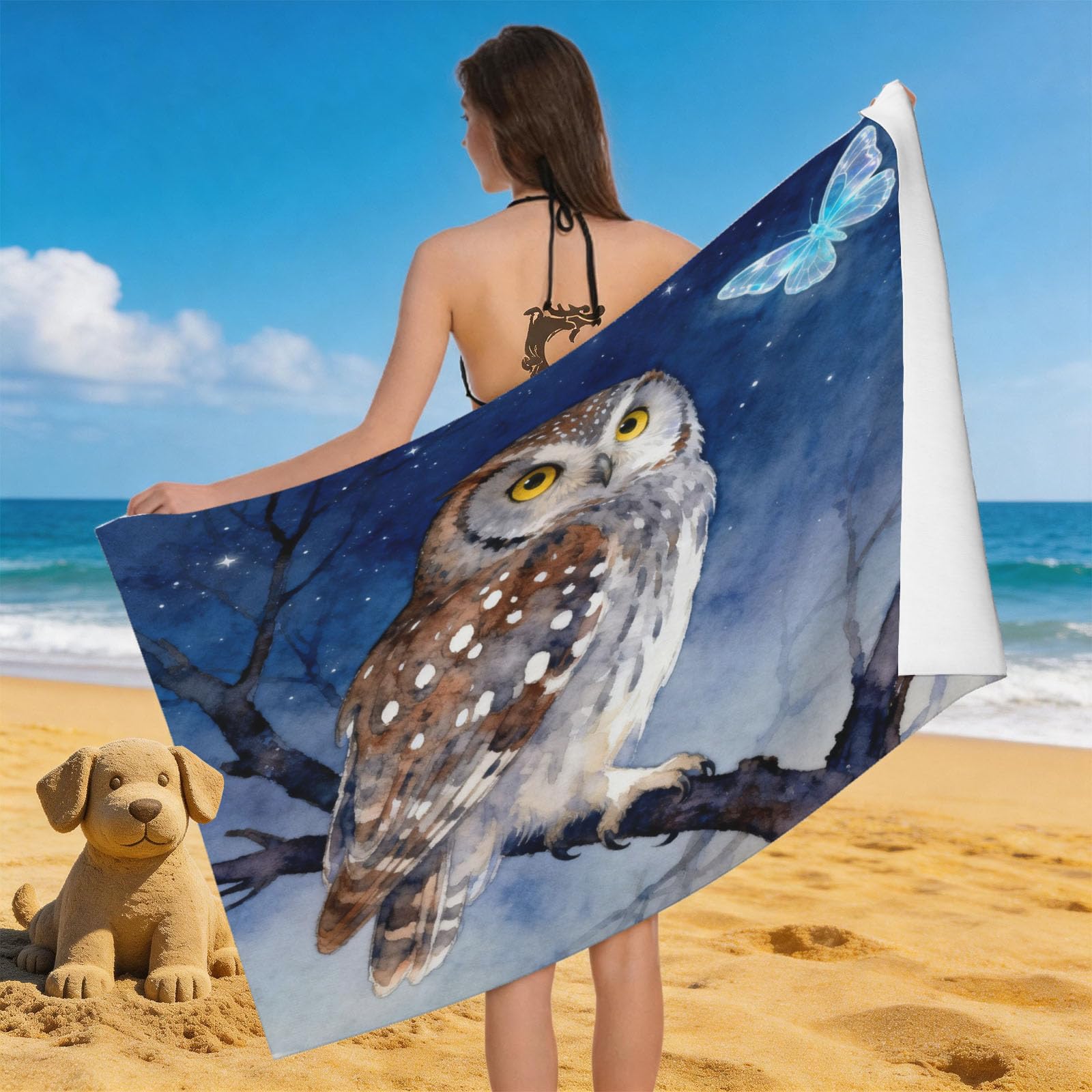 Leichong 3D Owl Beach Towel Microfiber Soft Quick Dry for Adults, Starry Sky Bath Towel Lightweight Soft Absorbent for Travel Swimming Pool Sports, 75 x 150 cm