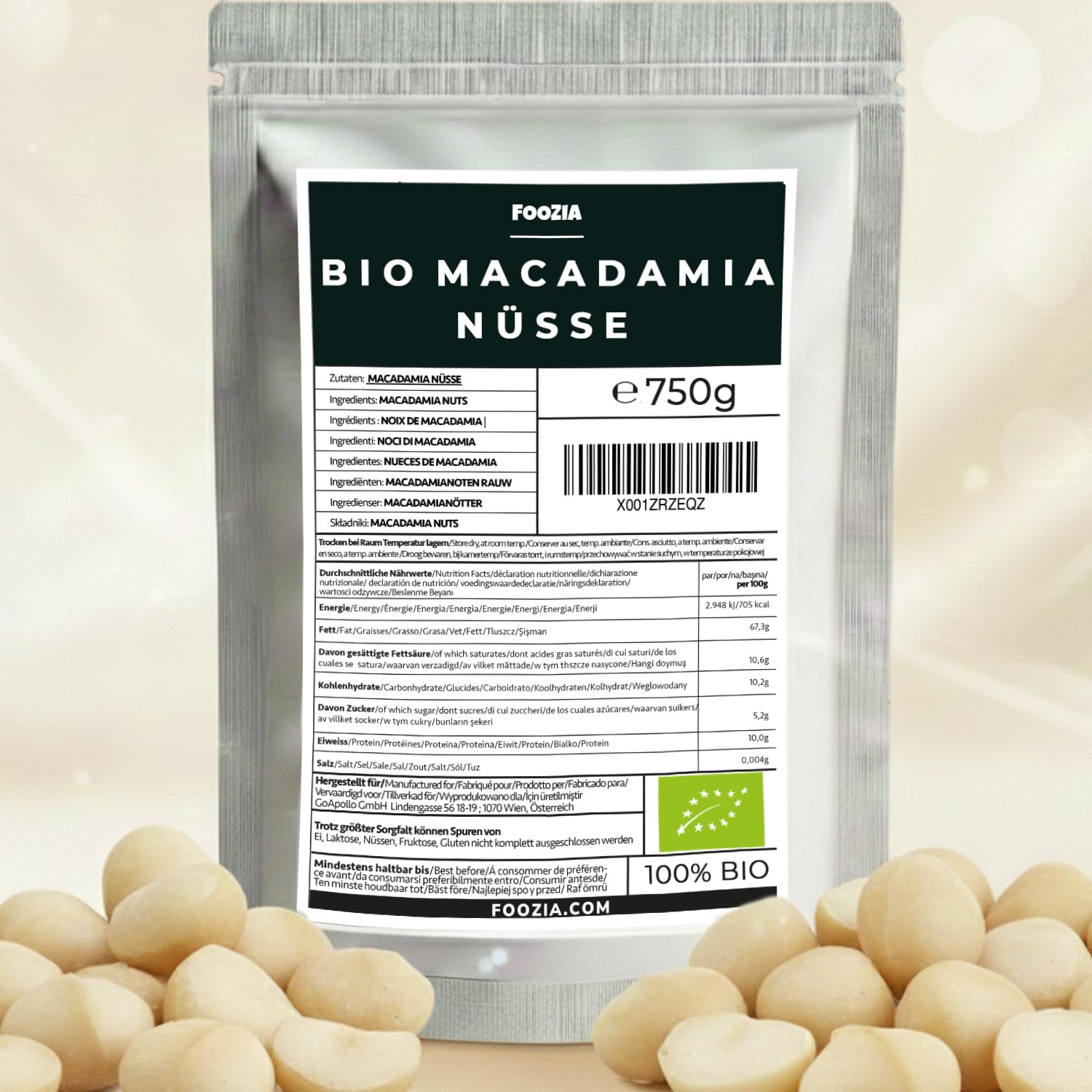 Bio Macadamianüsse 750g - Natur Macadamia Nüsse Roh Ungesalzen Hälften & Große Stücke von Foozia
