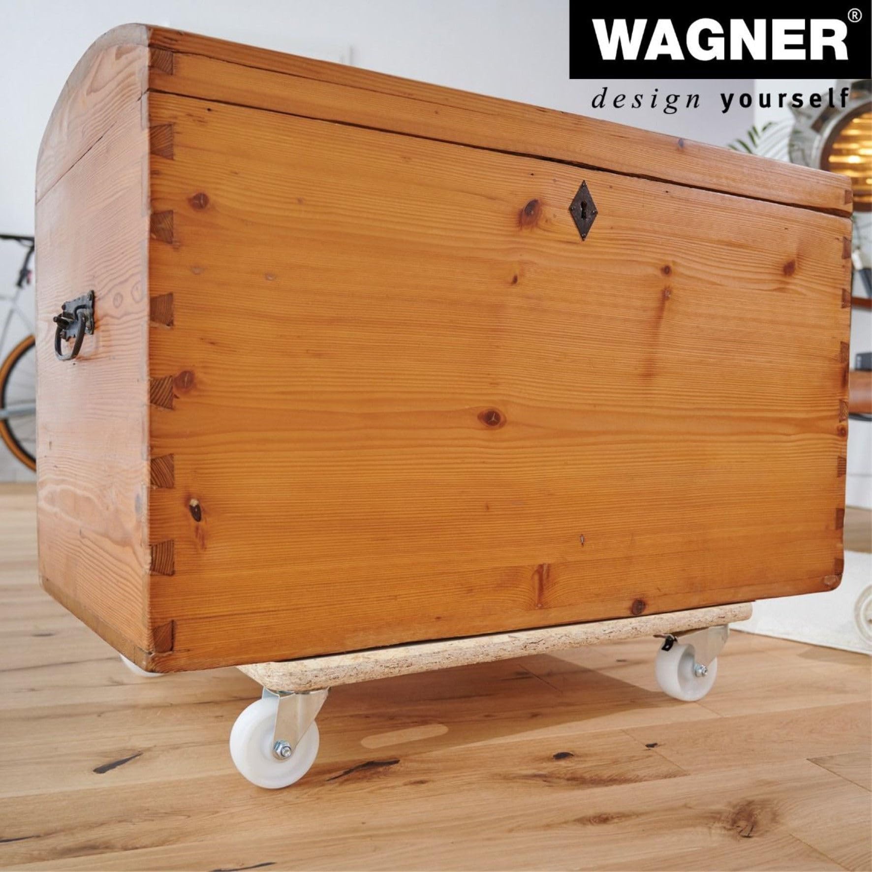 WAGNER Transportroller Transporthilfe 1617 I Möbelroller aus OSB 25 mm I 59 x 49 x 12 cm, Tragkraft 400 kg I Schwerlastrollbrett Umzug, Gewerbe I Rollbrett mit Bremsen&Aufhängeloch I FSC® I Made in DE