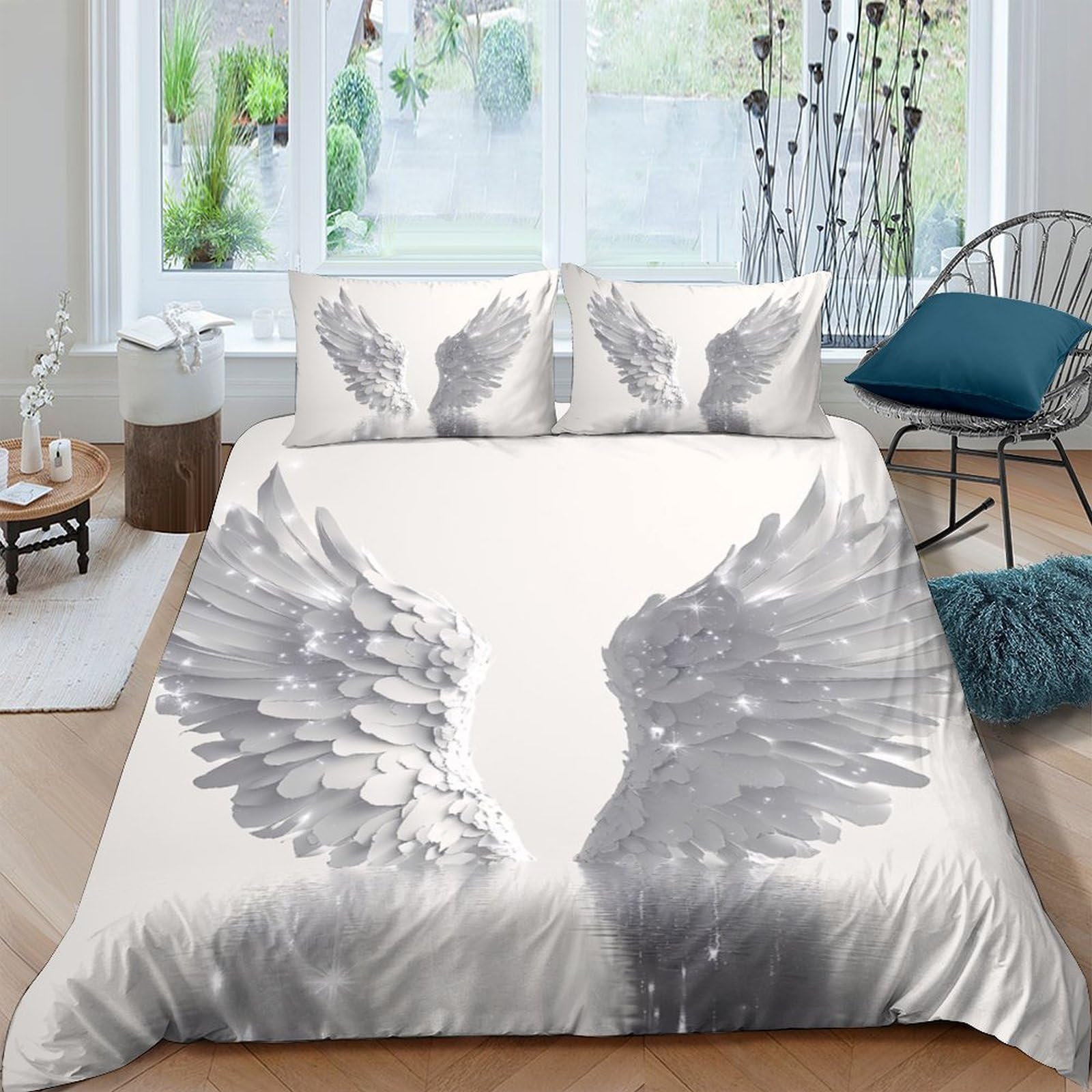 Ctjqhvkz Style-1 3D Printed Angel Wings Fitted Sheet Microfiber Grey Artistic Feather Mattress Cover For Bedroom Dorm Easy Care Single（135X200cm）