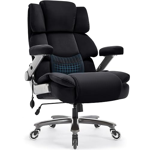 Big and Tall Office Chair 700lbs- Fabric High Back Executive Computer Chair with Adjustable Lumbar Support 3D Flip Arms Plus Size Rubber Wheels- Extra Wide Large Desk Chairs, Heavy Duty Metal Base - Black