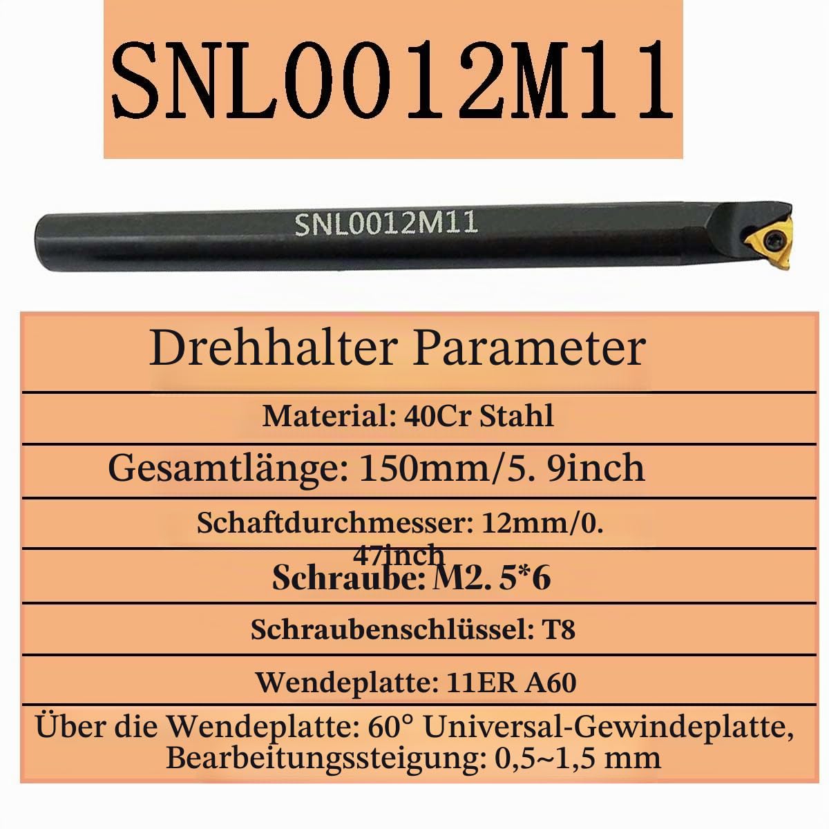SNR0012M11 + SNL0012M11 Innen- und Außengewindebohrer, Drehwerkzeughalter mit 5 Stück 11IR A60 + 5 Stück 11ER A60 Einfädeleinsätzen.