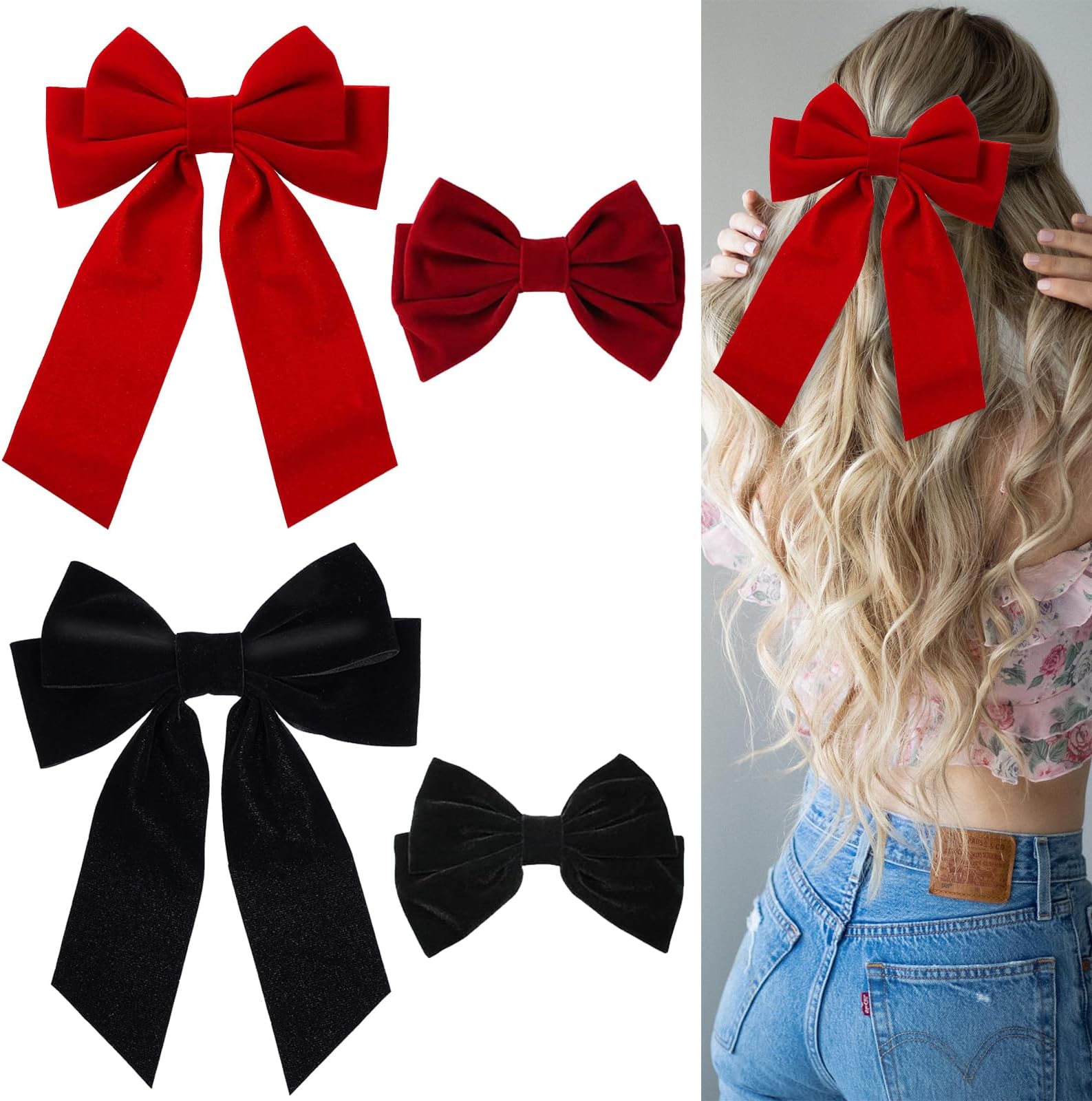 Zurligi 4 Pack Velvet Hair Bows Clips for Women Girls, Black and Red Hair Bow Clips, Ponytail long Ribbon Bows Hair Accessories for Women Girls, Fashion Hair Accessories for Women