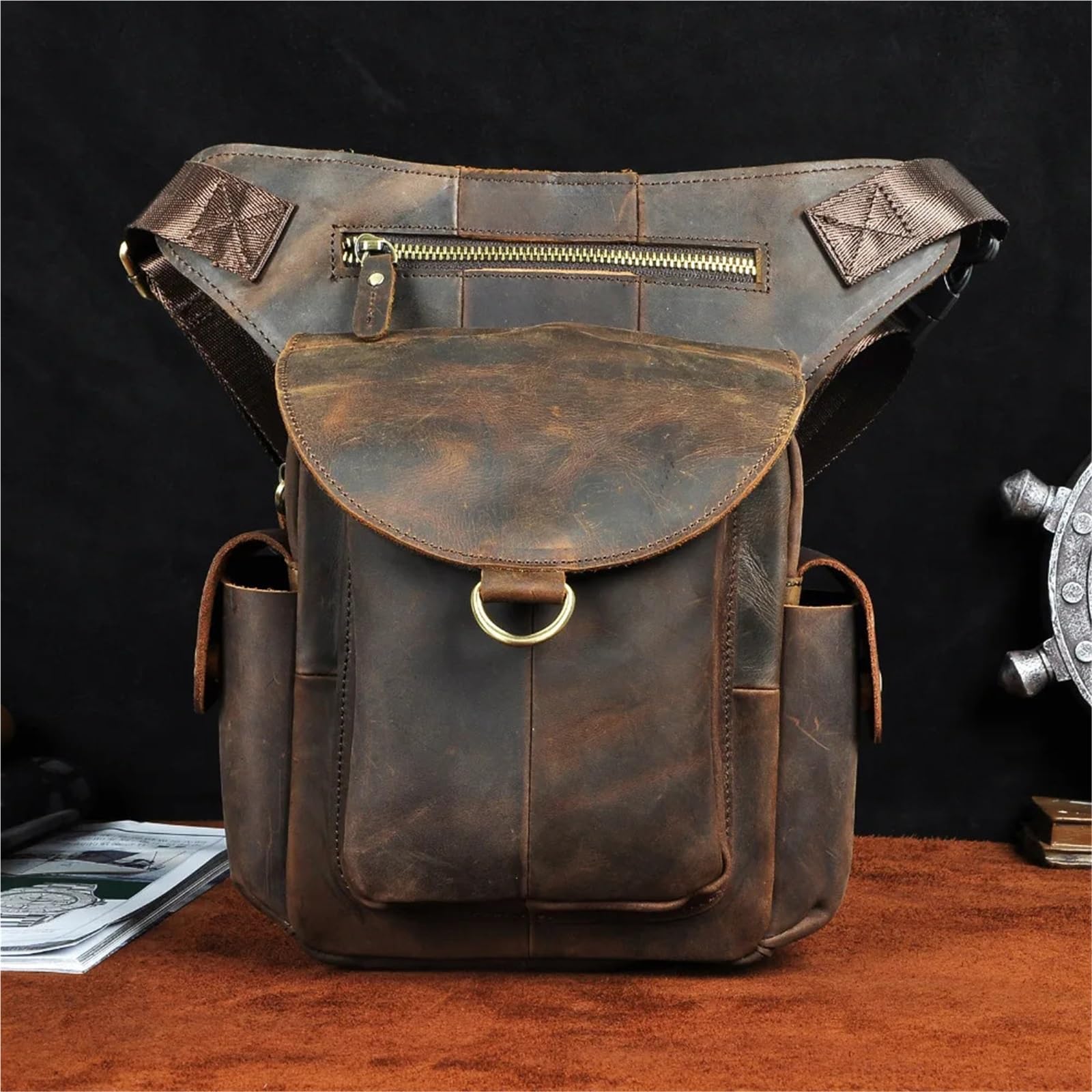 Marsupio Da Gamba Borsa a tracolla multifunzione da uomo in pelle con design, organizer da cintura, marsupio, borsa a gamba cadente(Burgundy)