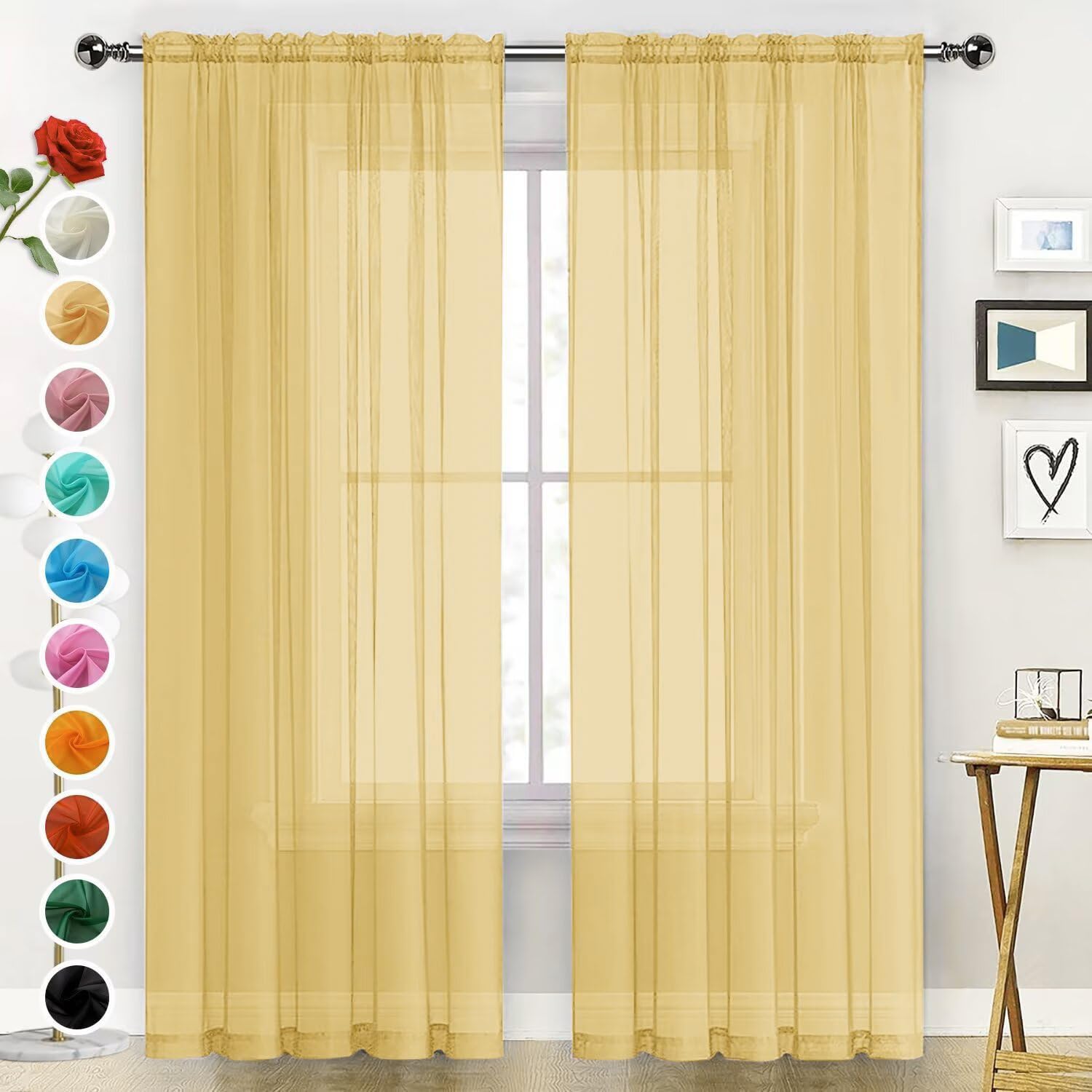SpaceDresser Basic Rod Pocket Sheer Voile Window Curtain Panels Gold 1 Pair 2 Panels 52 Width 90 Inch Long for Kitchen Bedroom Children Living Room Yard（Gold, 52W x 90L） — image 1