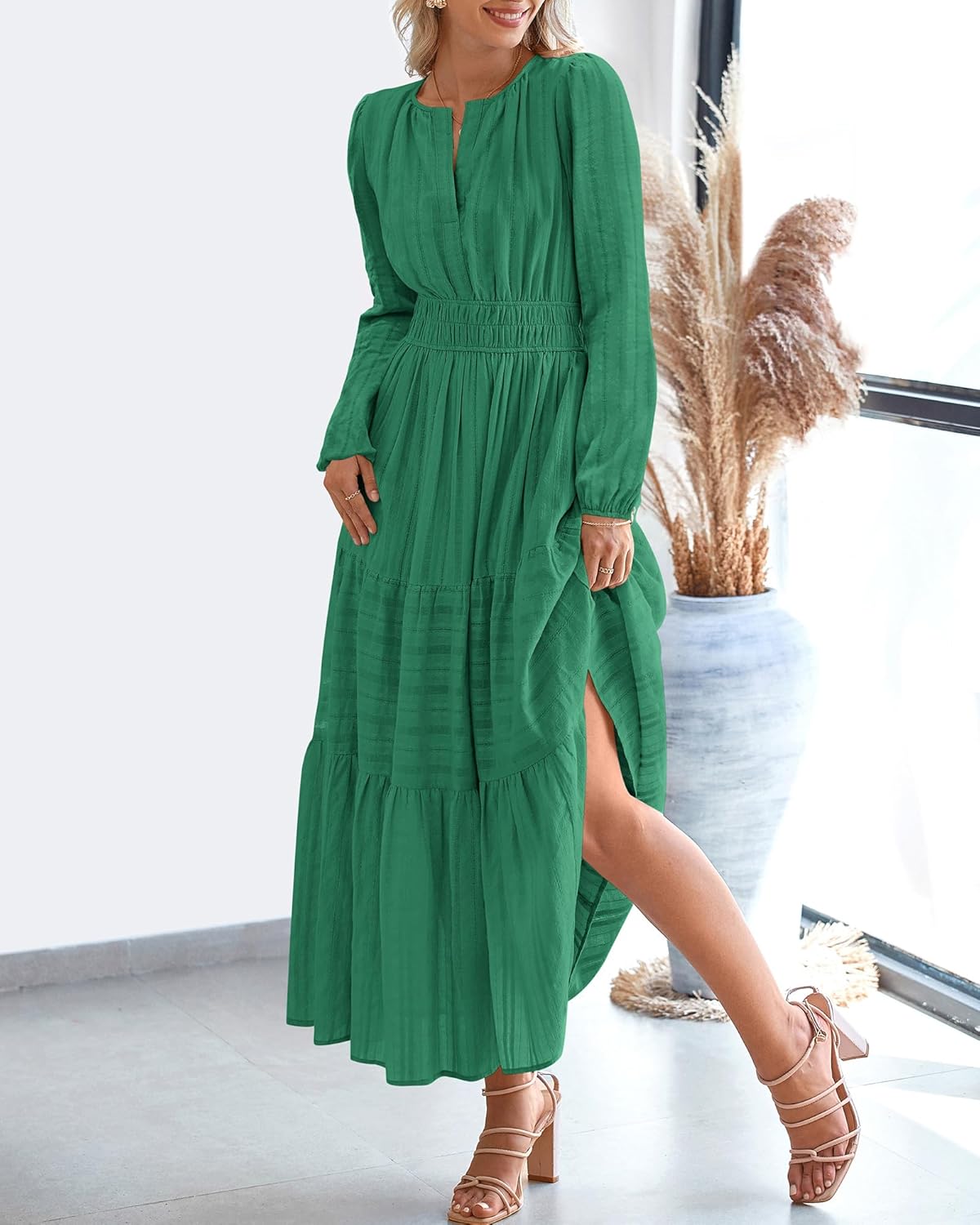 BTFBM Spring Dresses for Women 2026 Casual Long Sleeve V Neck Elastic Waist Lightweight Maxi Wedding Guest Dress Pockets - Image 8