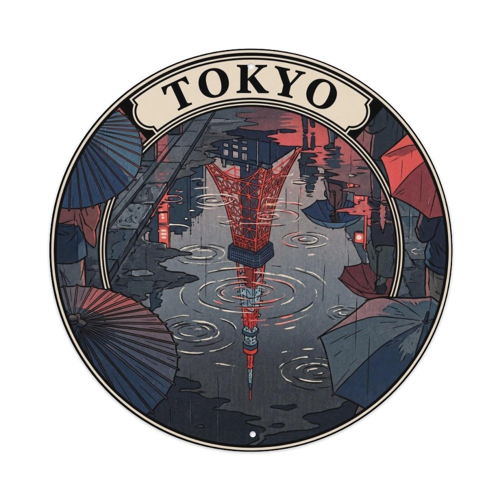 Olyhtr 8X8inch Classic Style Tokyo Tower Rain Reflection Puddle Navy Red Japan Metal Tin Sign