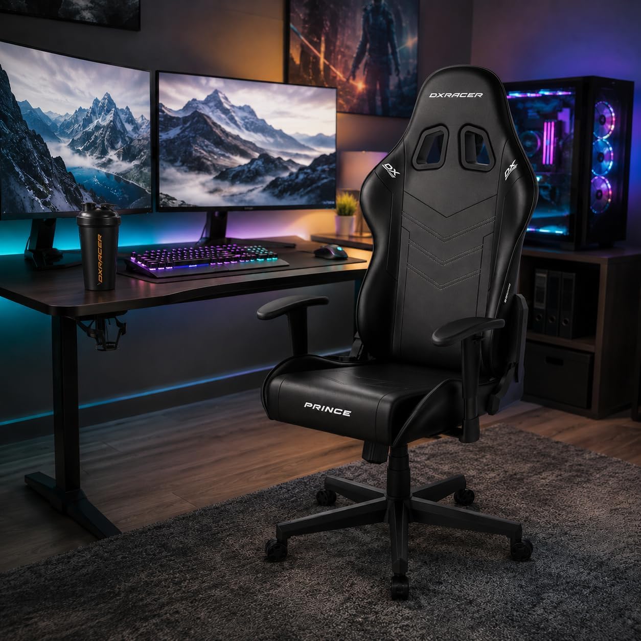 DXRacer Prince L PF132 Gaming Chair/Office Chair with Height-Adjustable Armrests. Ergonomic Swivel Chair, Faux Leather, Black with White Contrast Stitching