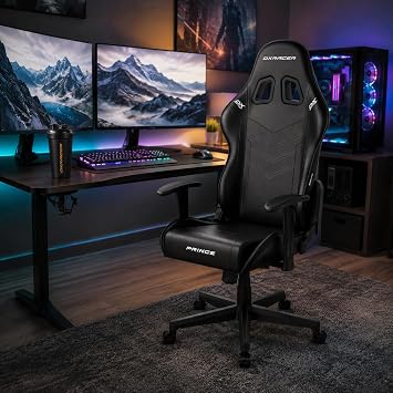 DXRacer Prince L PF132 Gaming Chair/Office Chair with Height-Adjustable Armrests. Ergonomic Swivel Chair, Faux Leather, Black with White Contrast Stitching