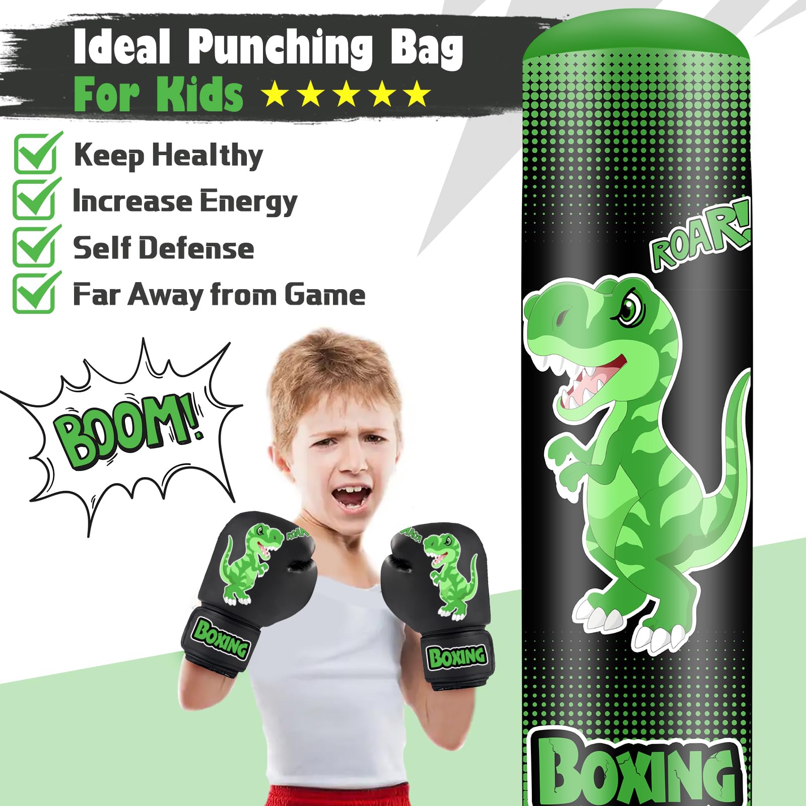NZQXJXZ Sacco da Boxe Bambini- 165cm Gonfiabile con Guantoni da Sacco Boxe per la Pratica di MMA Karate Taekwondo e per Alleviare l'energia di Pent Up Pugilato Età 4-14 anni