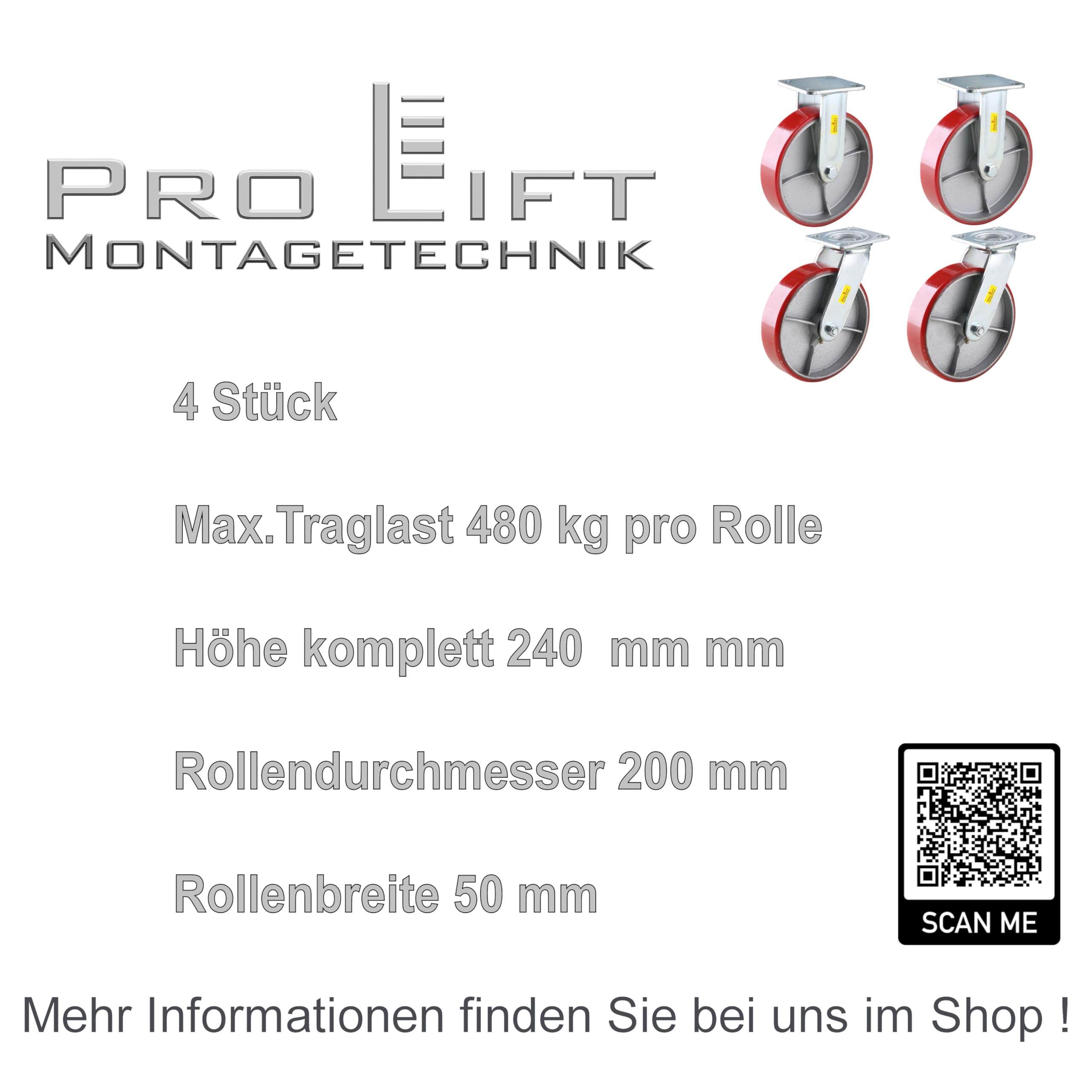 4 Stück: je 480kg Schwerlastrollen, 2 Lenkrollen + 2 Bockrollen, PU-Rollenbelag, 01394