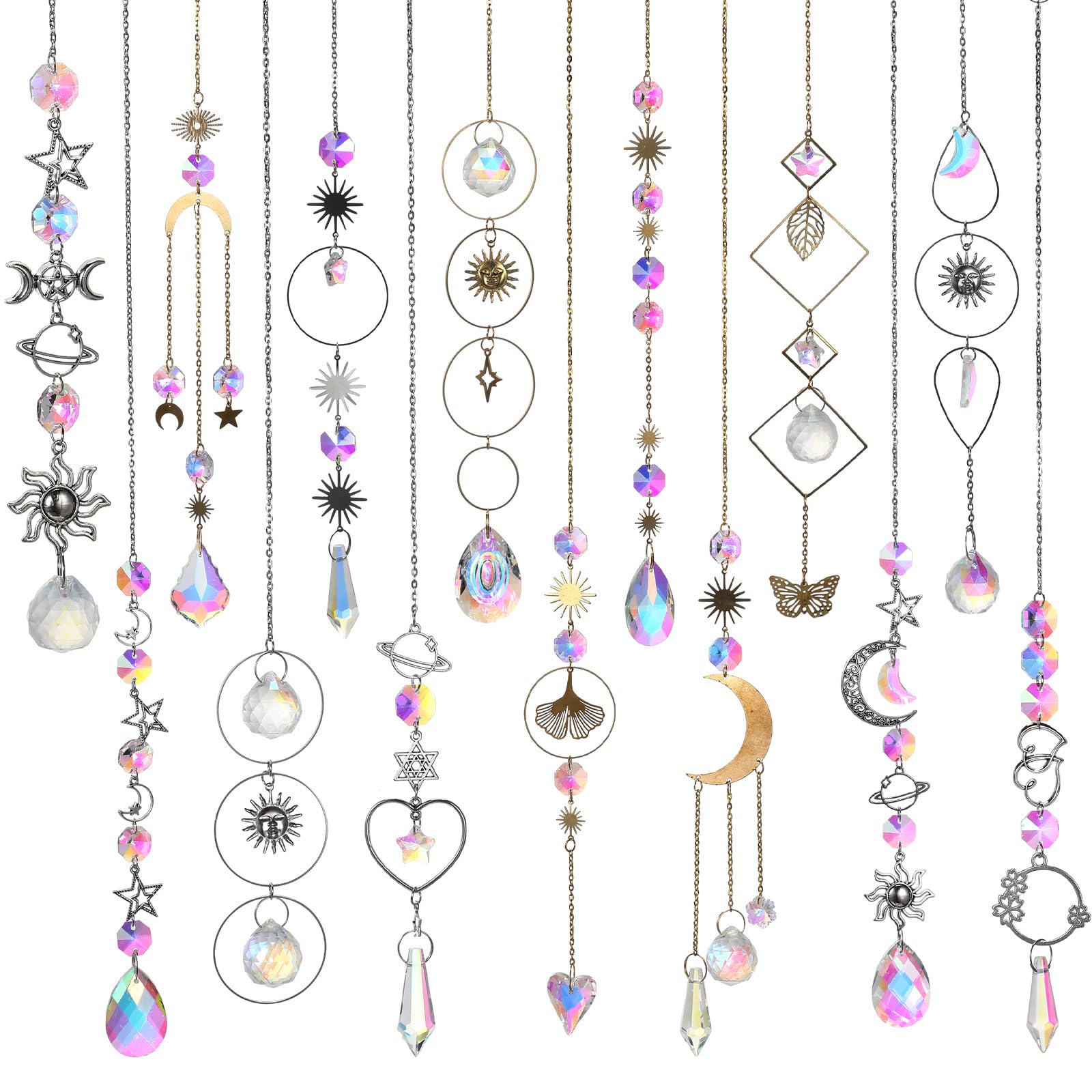 Remuuly14 Pcs Hanging Sun Catchers Colorful Crystals Suncatcher Crystal Window Suncatcher Prism Suncatcher with Chain Pendant Ornament for Indoor Outdoor Home Office Garden Christmas Party Decor