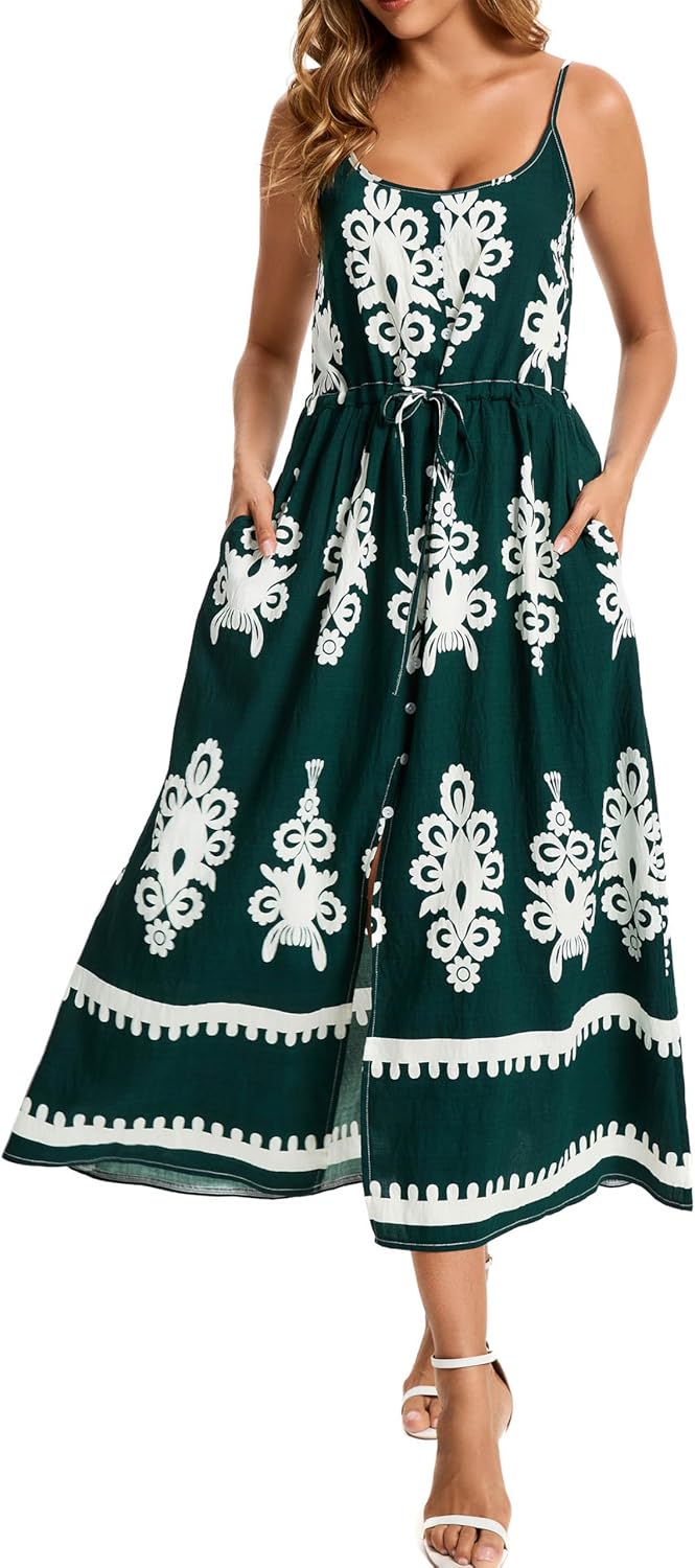 Kormei Women Summer Beach Dress Casual Boho Floral Sundress Spaghetti Strap Flowy Maxi Dresses with Pockets - Image 3