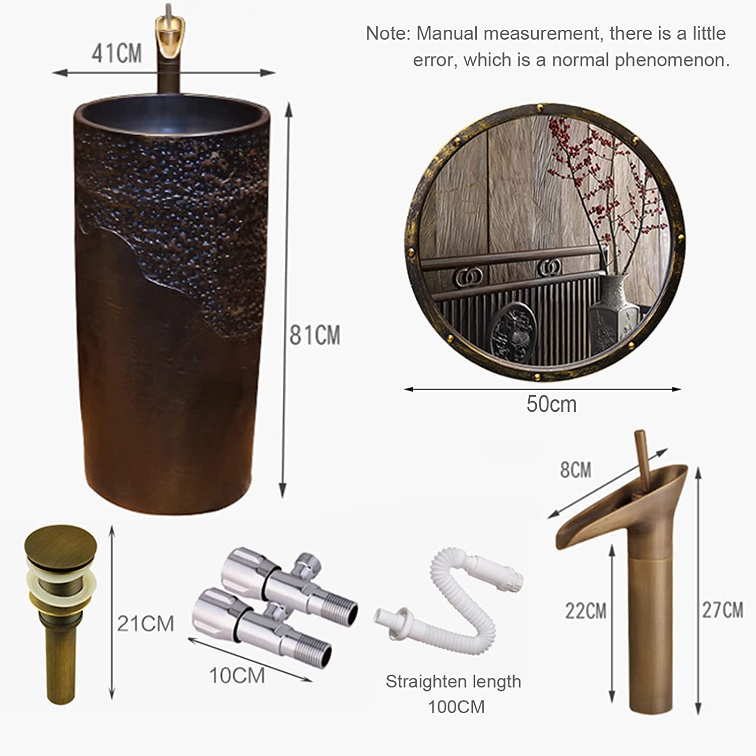 Fregadero de baño independiente con pedestal de cerámica con drenaje y grifo para interior y exterior, sin espejo