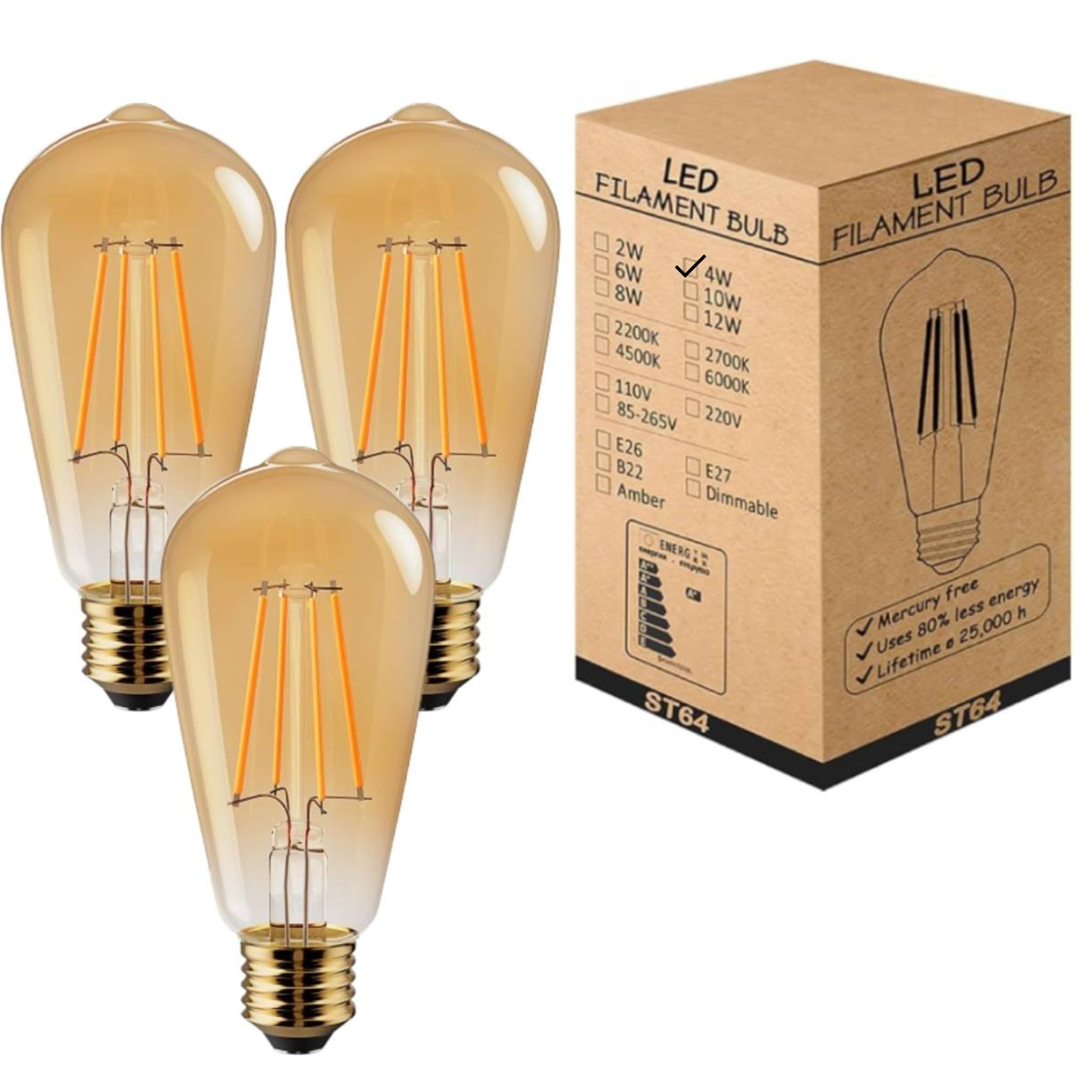 LEDSone Pack 3, Vintage LED E27 Screw Bulb, ST64 4W Edison Light Bulb, Dimmable Light,Teardrop Shape Bulb Warm White 2700K Amber Glass 450 Lumen Energy Saving Squirrel Cage Lamp
