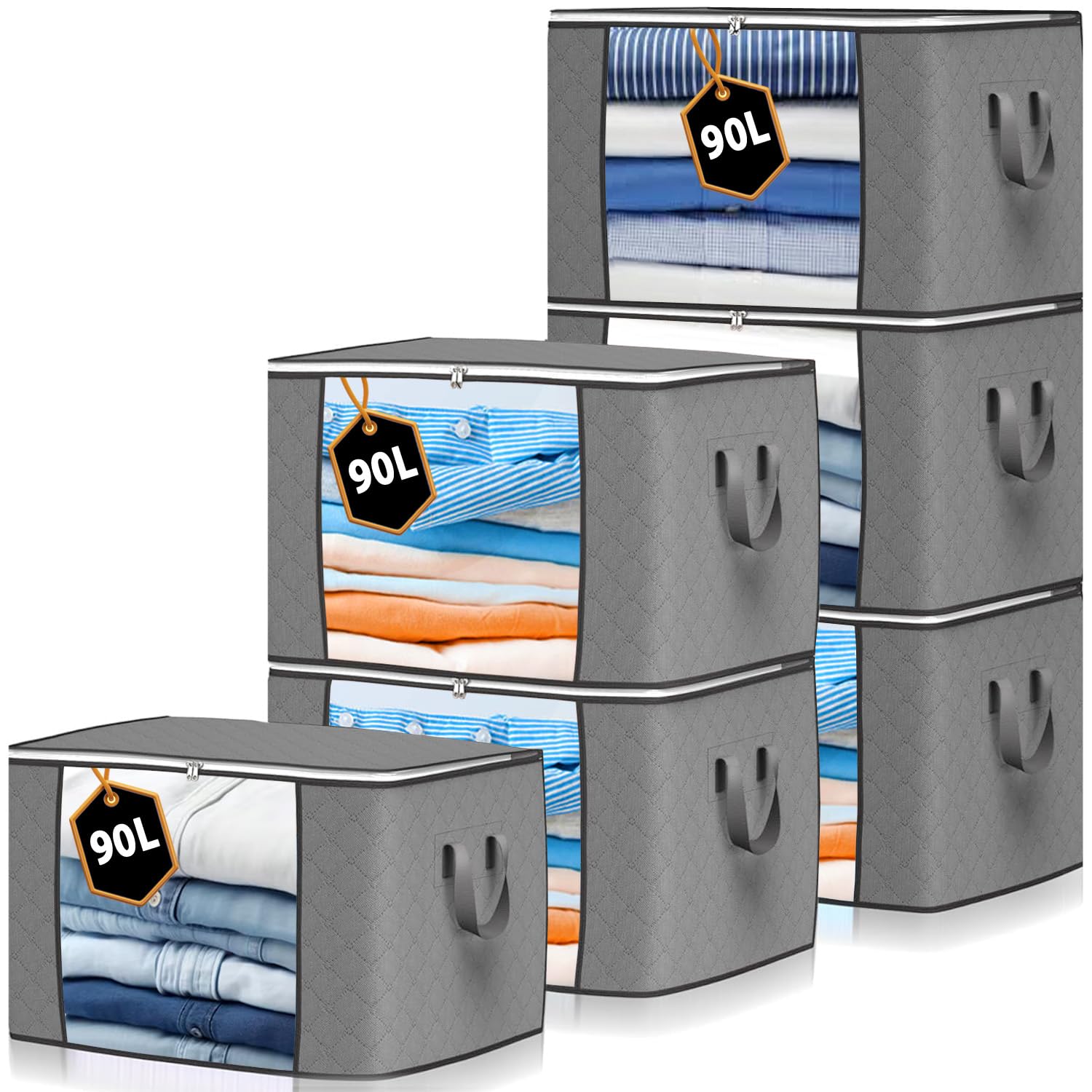 Kurni Grey Storage Bags Clothes Organizer 6 Pack Moving Boxes 90L Capacity, 3 Sided Zipper Storage Box. Dust/Mites Proof 55 X 43 X 35Cm Extra Large