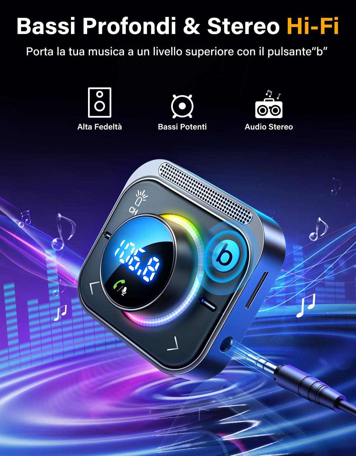 JOYROOM 96W Trasmettitore Bluetooth per Auto,【60W PD & Dual 18W QC】【Bassi & Hi-Fi Stereo】Bluetooth 5.4 Auto, Adattatore Chiamata Vivavoce & Luci LED, Supporta Bluetooth & Aux & Scheda TF