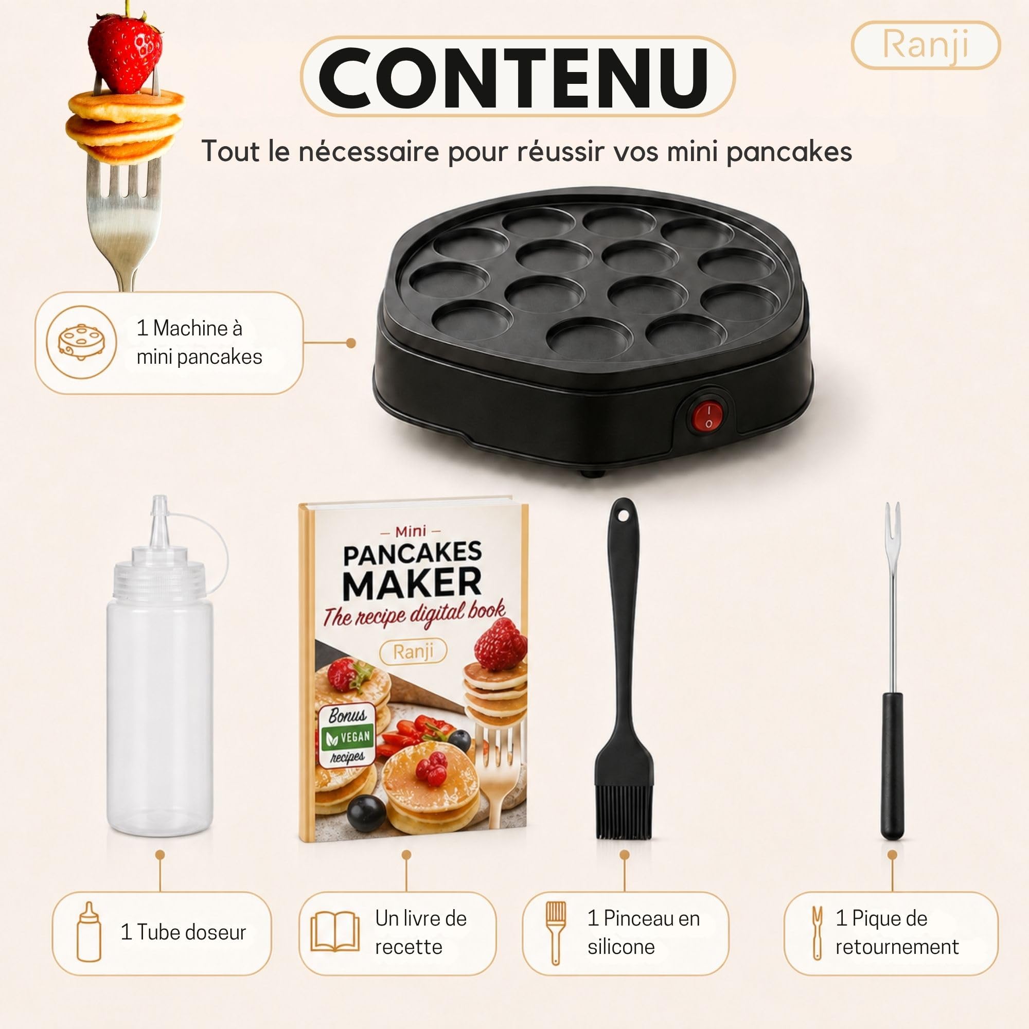 RANJI Machine à Mini Pancakes 14 Cavités avec Plaque Antiadhésive