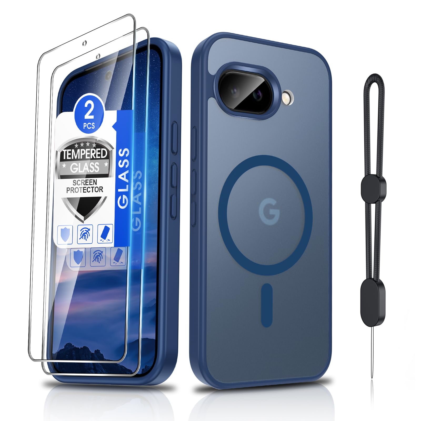 Dizn Magnetic for Google Pixel 9A Case, with Tempered Glass Screen Protector, Compatible with MagSafe, with Strap, Matte Translucent &amp; Shockproof, Protective Cover Funda Google Pixel 9A, Sapphire Blue