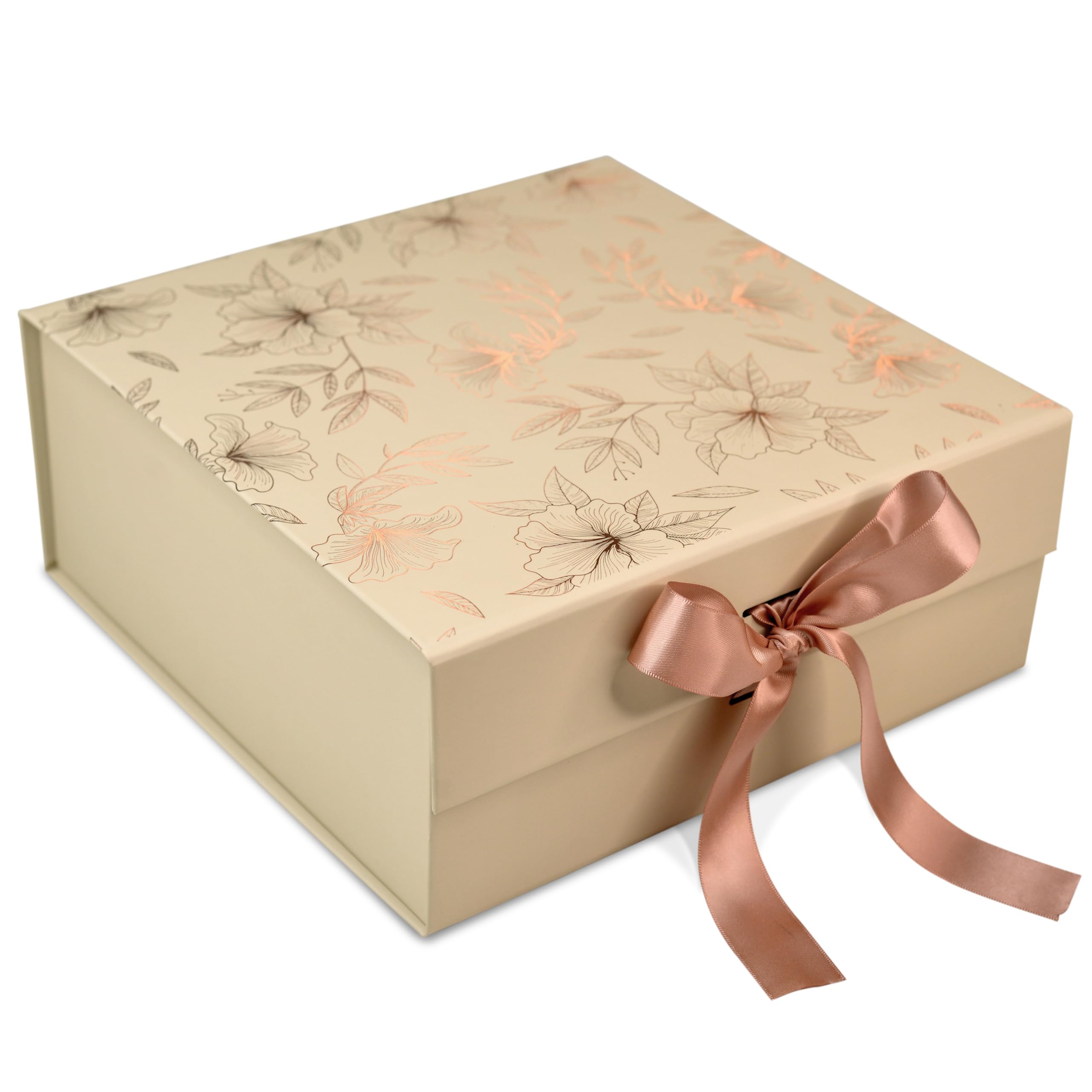 RBS®- MEDIUM Gift Box for Packaging 26 x 26 x 10 cm, Decorative Gift Packing Box with Floral Foil Design (1 Pack), Holds Up to 8 kg, Ideal for Gift Hampers and All Occasions (Medium Beige Rose Gold)