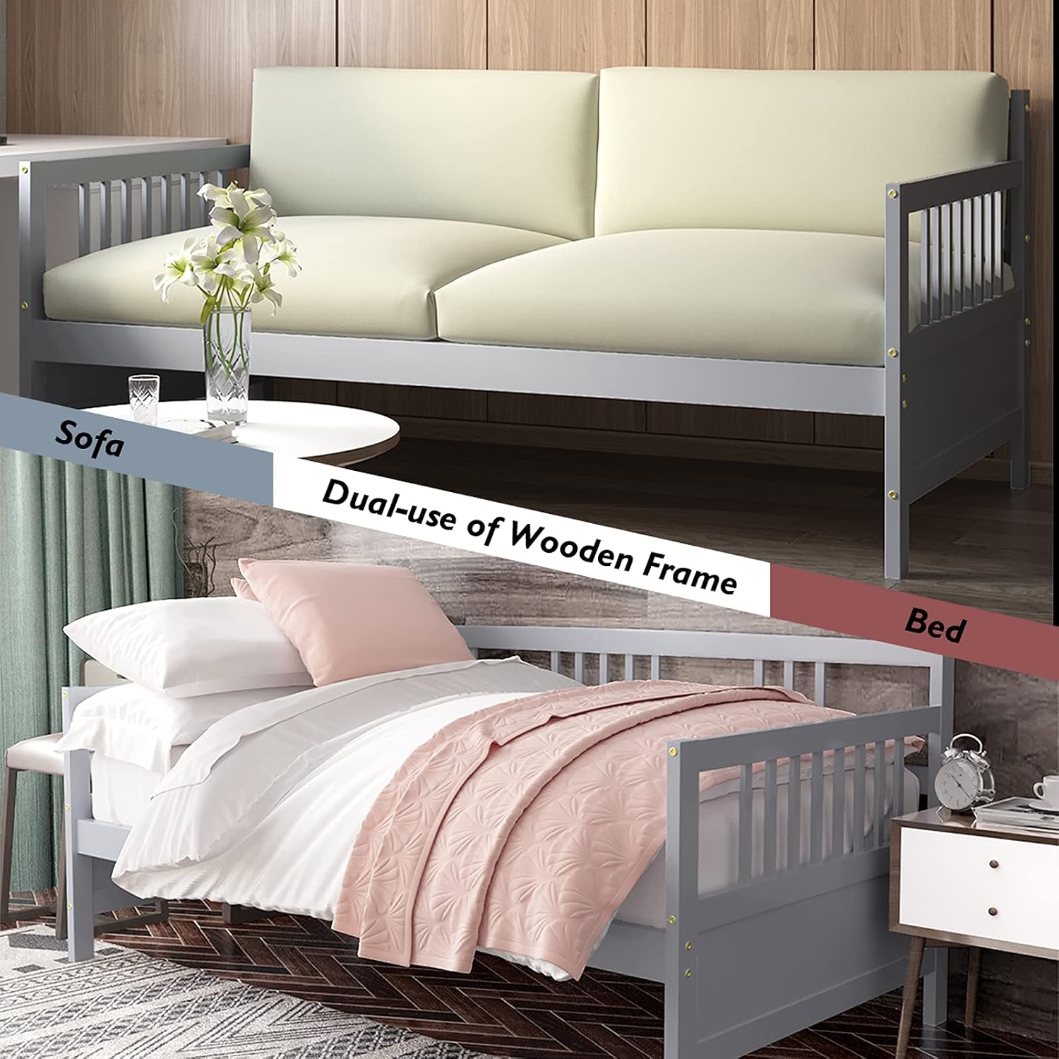 Giantex Twin Daybed Frame, Wooden Sofa Bed Guest Bed with Rails & Wood Slat Support, Dual-use Twin Size Platform Bed Frame for Living Room Bedroom, No Box Spring Needed (Twin,Grey)