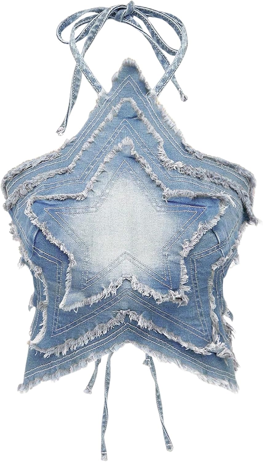 SOLY HUX Women's Star Halter Tops Tie Backless Y2k Distressed Denim Cami Crop Tops