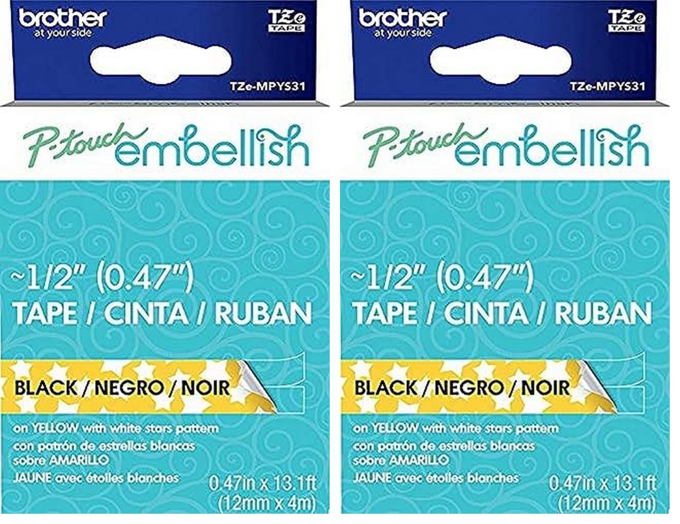 Brother P-Touch Embellish Black Print on Yellow Stars Patterned Tape TZEMPYS31 – ~½” Wide x 13.1’ Long for use with P-Touch Embellish Ribbon &amp; Tape Printer (Pack of 2)