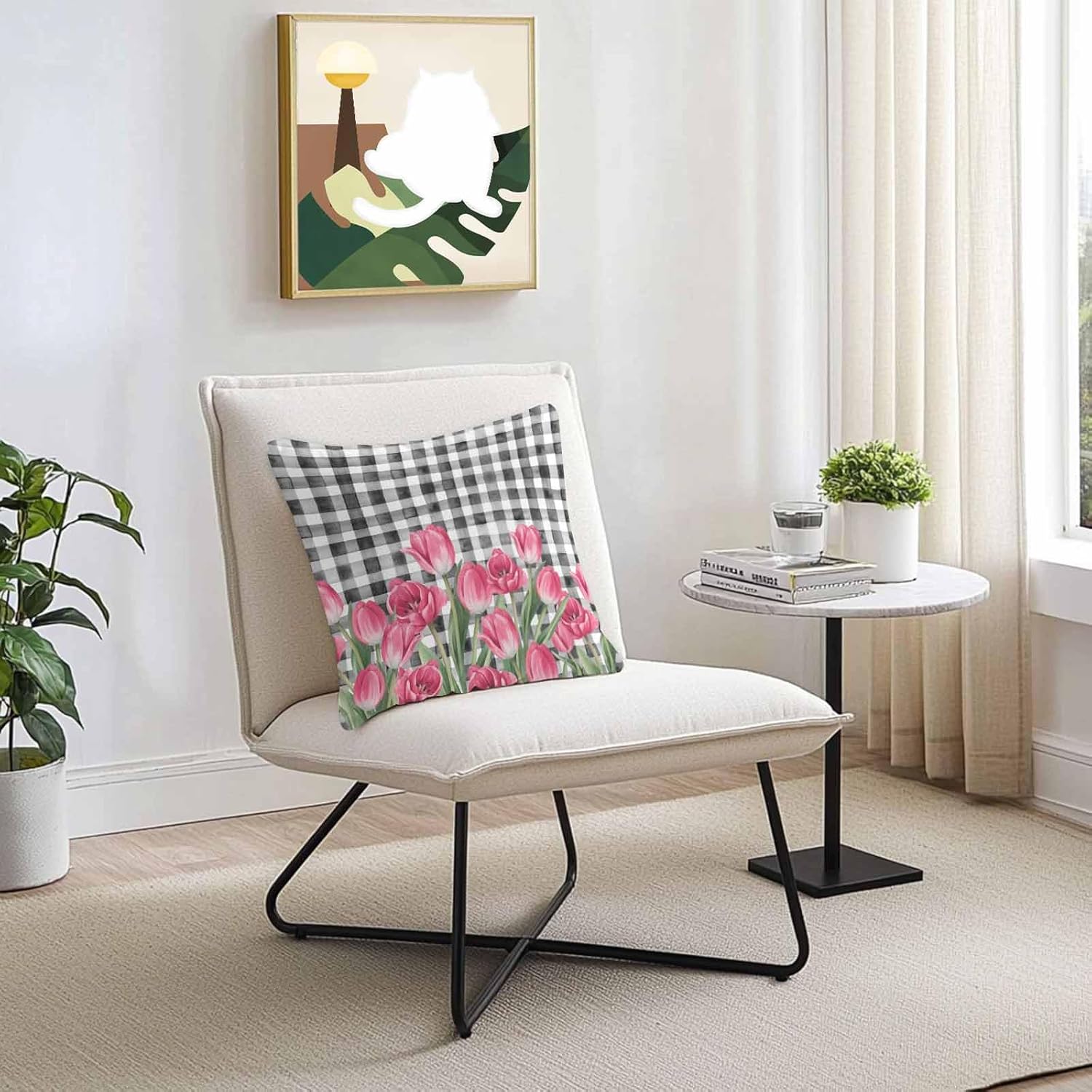 Spring Floral Outdoor Pillow Covers Waterproof, Pink Tulip Watercolor Black White Plaid All Weather Cushion Case Set of 2, Decorative Pillowcases for Sofa Couch Bed Decor Patio Furniture 26"x26"