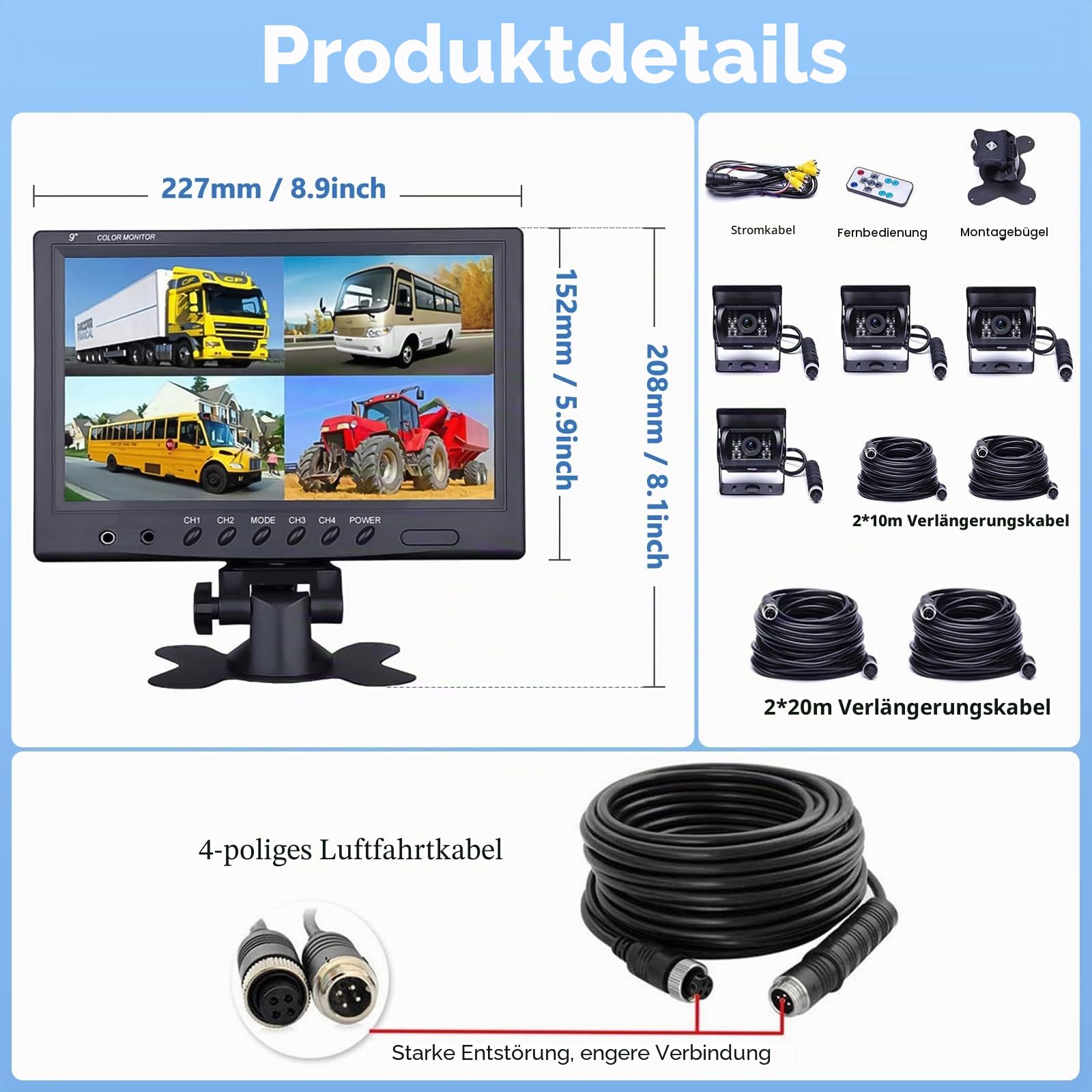 CAMECHO Rückfahrkamera 4 Kameras Set 9" Monitor IP68 wasserdicht 18IR Nachtsicht Weitwinkel 12V-35V für LKW Anhänger Bus Van