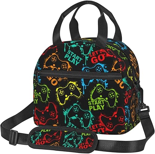 Coloridas siluetas de juego Joystick Bolsa de almuerzo reutilizable aislada bolsa de almuerzo contenedor con correa de hombro ajustable para