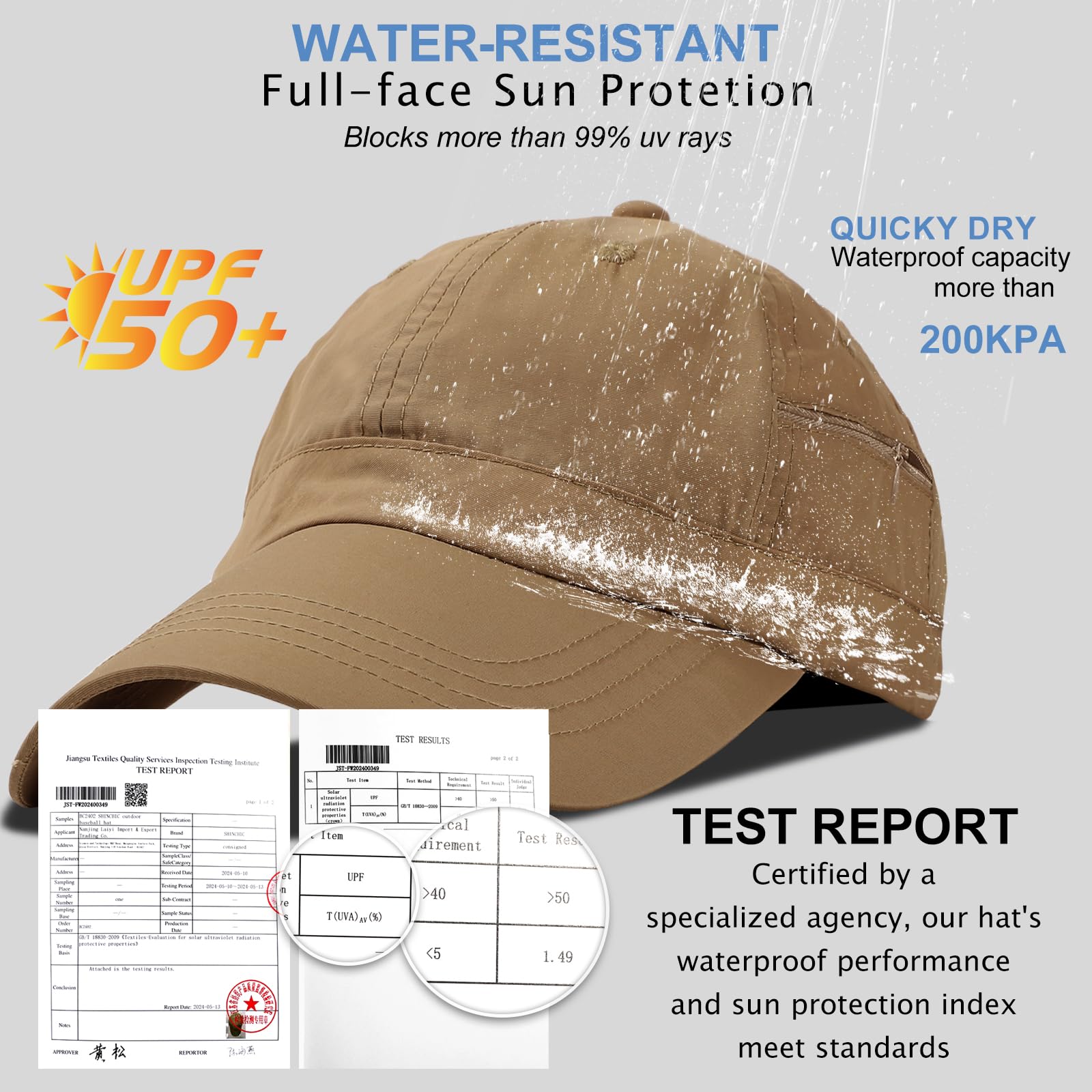 Gorra de béisbol resistente al agua para hombre, sombrero de lluvia plegable para correr al aire libre, sombrero de pesca solar, Caqui oscuro (bolsillo con cremallera), Talla única 3