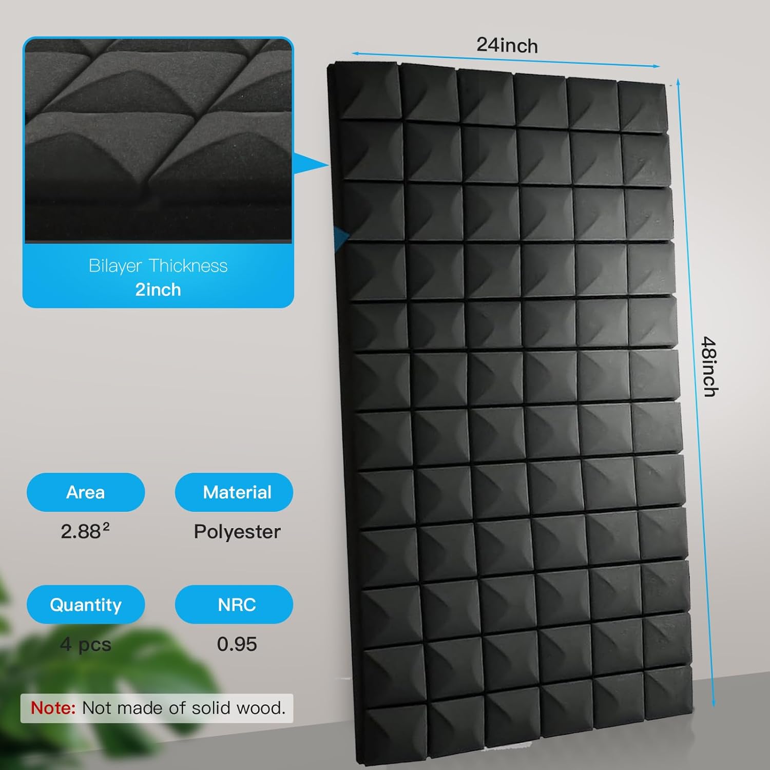 4 PCS Acoustic Panels,48''X24''X2'' Sound Proof Foam Panels for Walls,High Density Fire Resistant & Noise Absorbing for Studio, Office, Home (Black, 4 Pack)