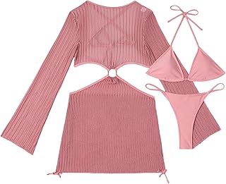 Traje de baño de color sólido para mujer, traje de baño de 3 piezas, con mangas largas, para cubrir a la moda, conjunto de traje de baño