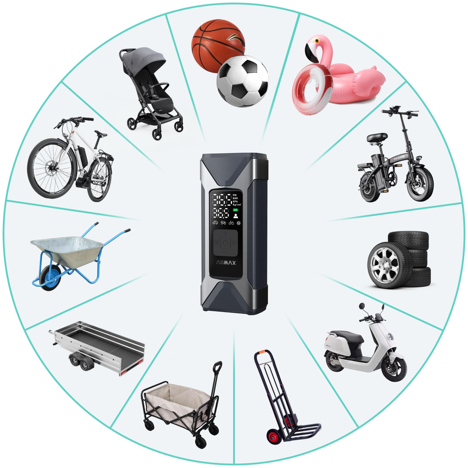 ASMAX Elektrische Luftpumpe 7500mAh, Fahrradpumpe 160PSI/11Bar mit Reifendruckmesser, tragbarer Akku Kompressor, Mini Reifenpumpe mit LED Licht für Autos, Wohnmobil, Motorräder, Fahrräder, Bälle
