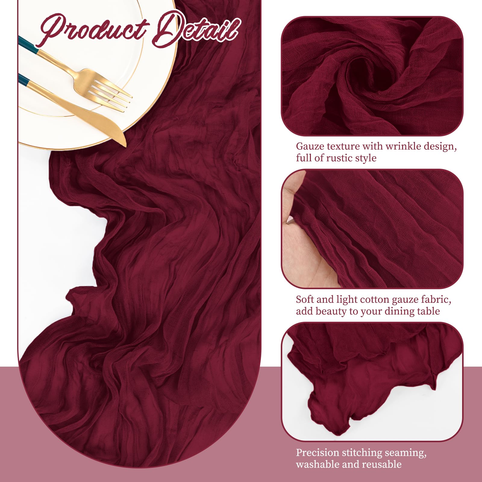 16 Pack Gauze Cheesecloth Table Runner Burgundy ,10ft Long Rustic Gauze Boho Wedding Table Runners 21.5 x 120 Inch for Wedding,Bridal Shower,Party,Banquet Decoration - Image 4
