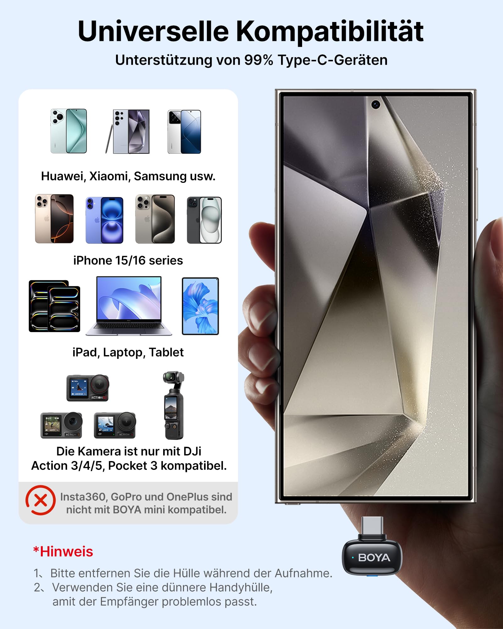 BOYA MINI Mikrofon Handy (2 Sender + 1 USB-C Empfänger + Ladeschale), 5g Ultraleicht, 48 kHz 24 Bit, Ansteckmikrofon, Kabelloses Lavalier-Mikrofon für iPhone, Android, Vlog, Rauschunterdrückung