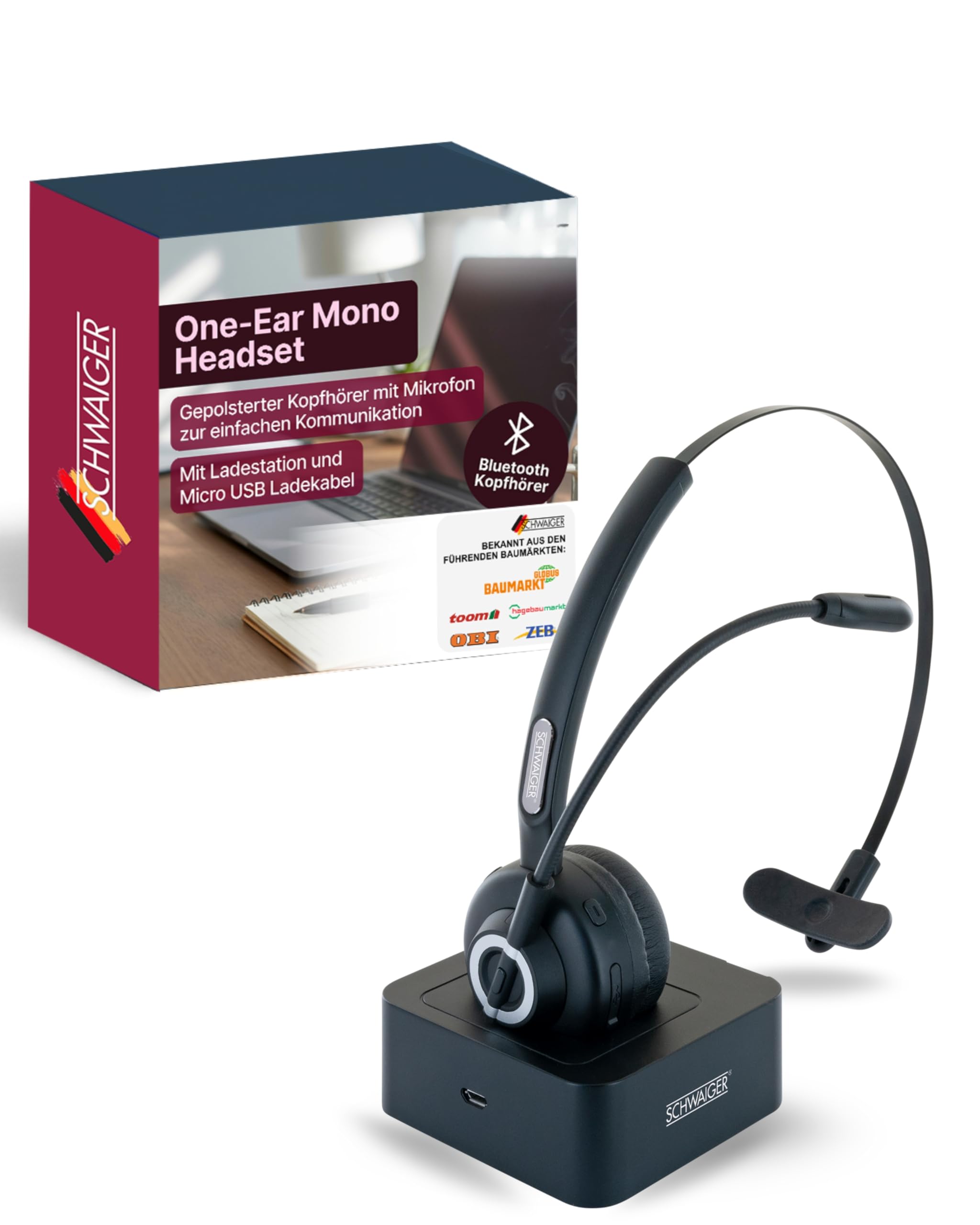 SCHWAIGER One-Ear Mono Headset I Bluetooth Kopfhörer mit Mikrofon & Ladestation I kabelloses Headset mit 17 h Akkulaufzeit I ergonomisch & gepolstert I für PC & Büro I mit verstellbarem Mikrofonarm