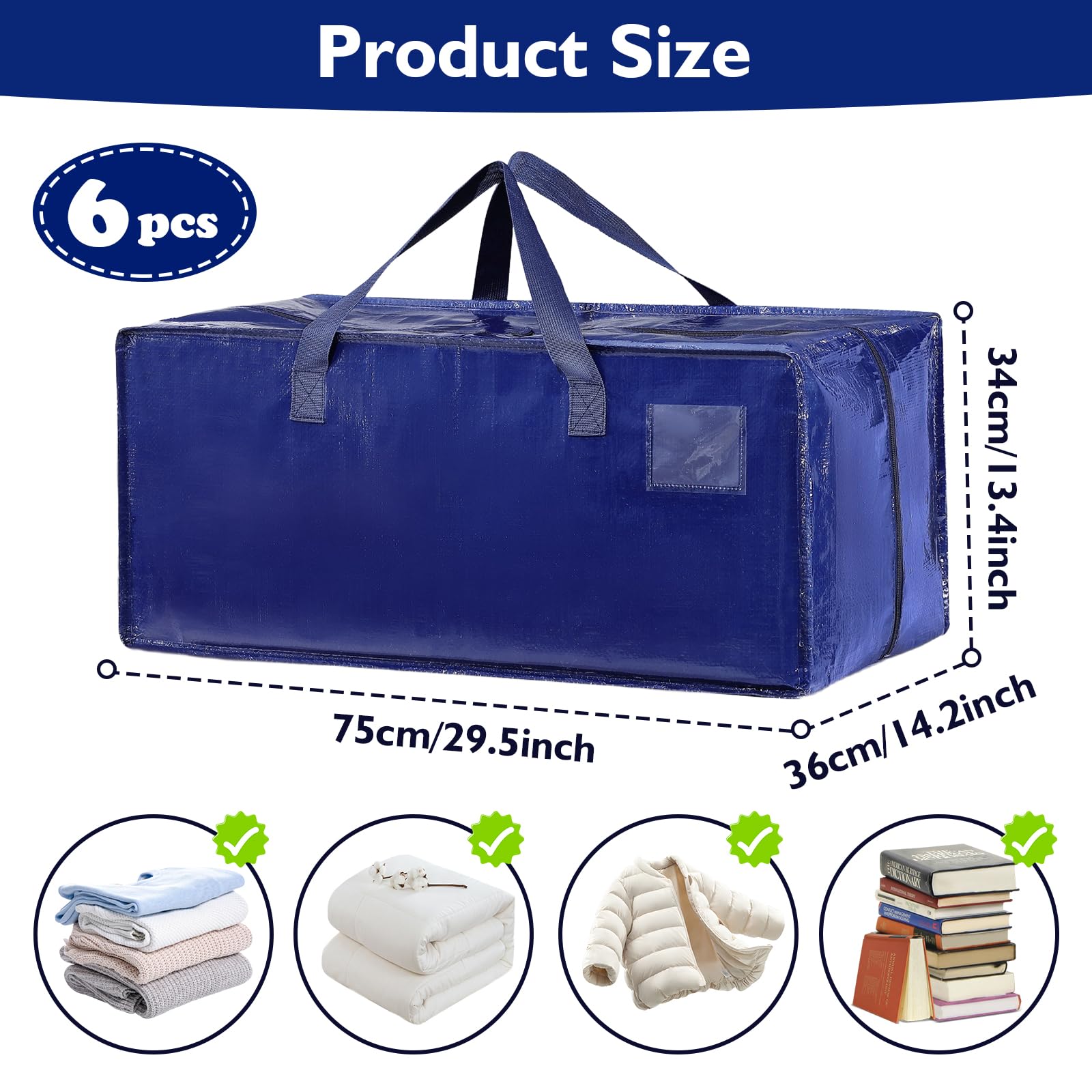 Lot de 6 Sac de Déménagement extra larges, 92L Sac de Rangement Grand Format avec fermetures éclair et poignées de transport, Sac Rangement Vetement robustes pour Vêtement & Linge de Lit