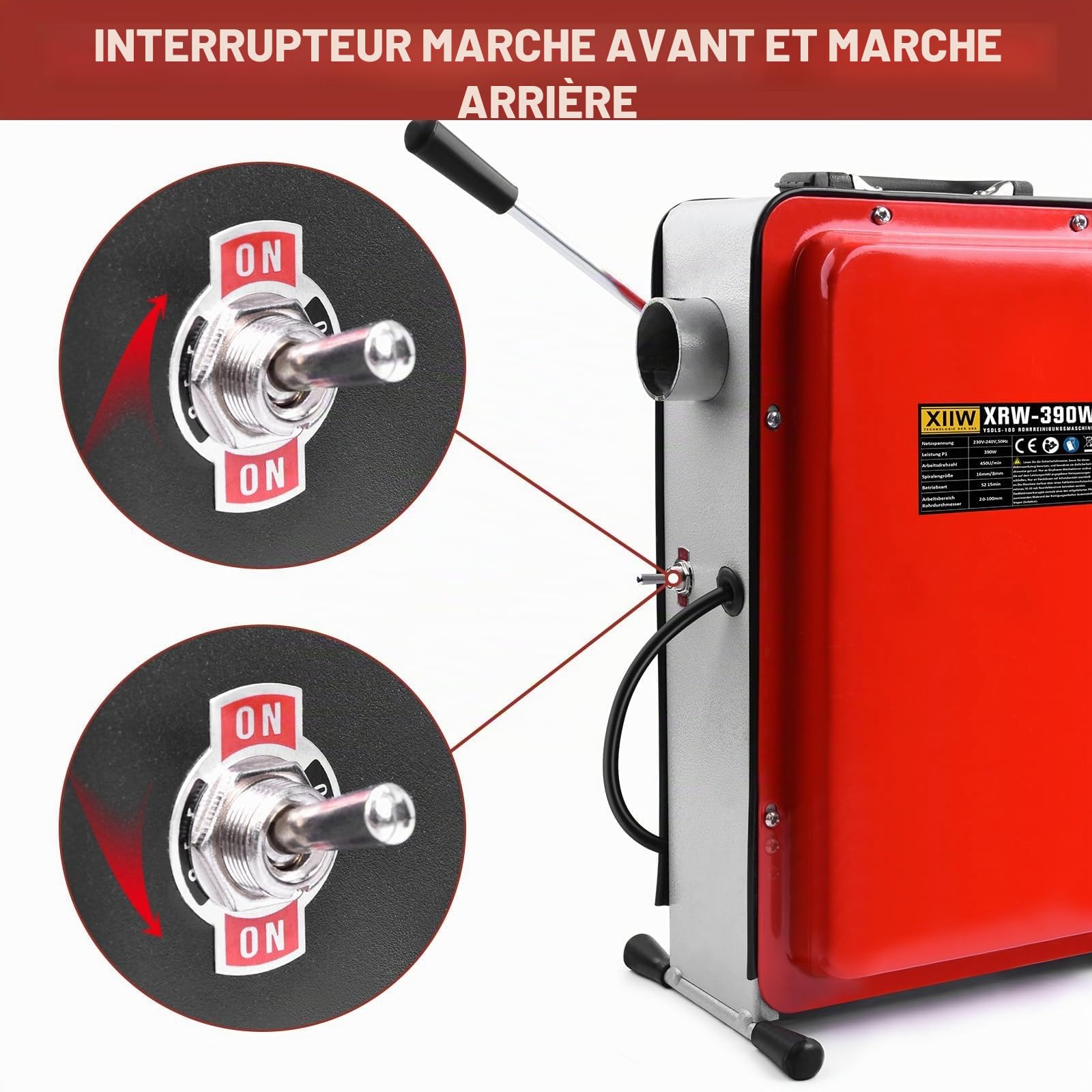 XIIW Kit Déboucheur de Canalisations 450 tr/min - Furet Électrique 390W 3 Spirales (12m/10m/2,5m) - Rotation Avant/Arrière - Pour Déboucher et Nettoyer les Tuyaux Ø20-100mm