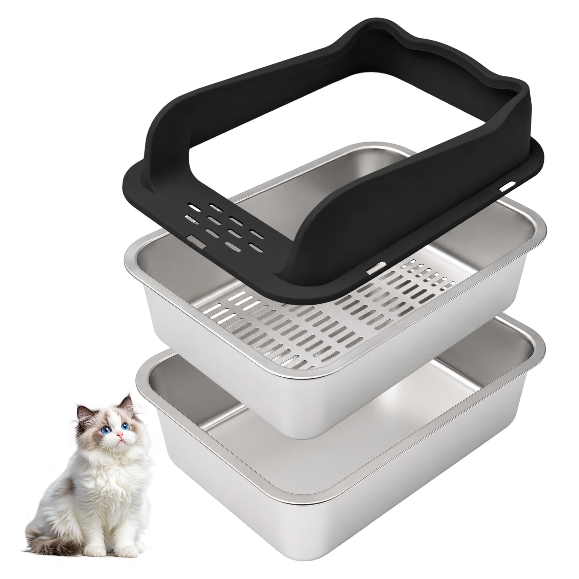 Arenero Gato Acero Inoxidable, XXL Caja Bandeja de Arena para Gatos, Metal Extraíble Litter Box, Caja de Arena de Lados Altos (50 * 35 * 15cm)