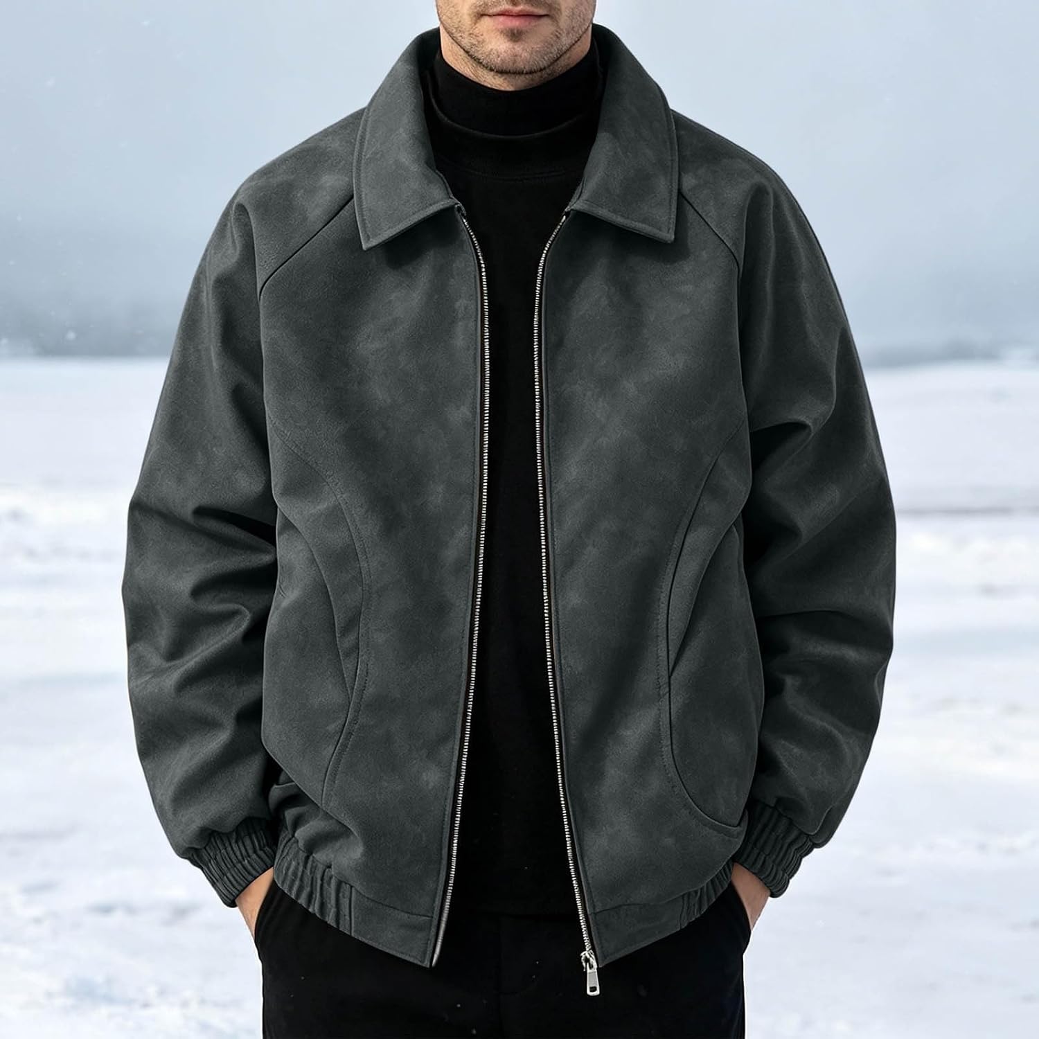 Mens Jacket Full Zip Turndown Collar Bomber Jacket Casual Loose Coat