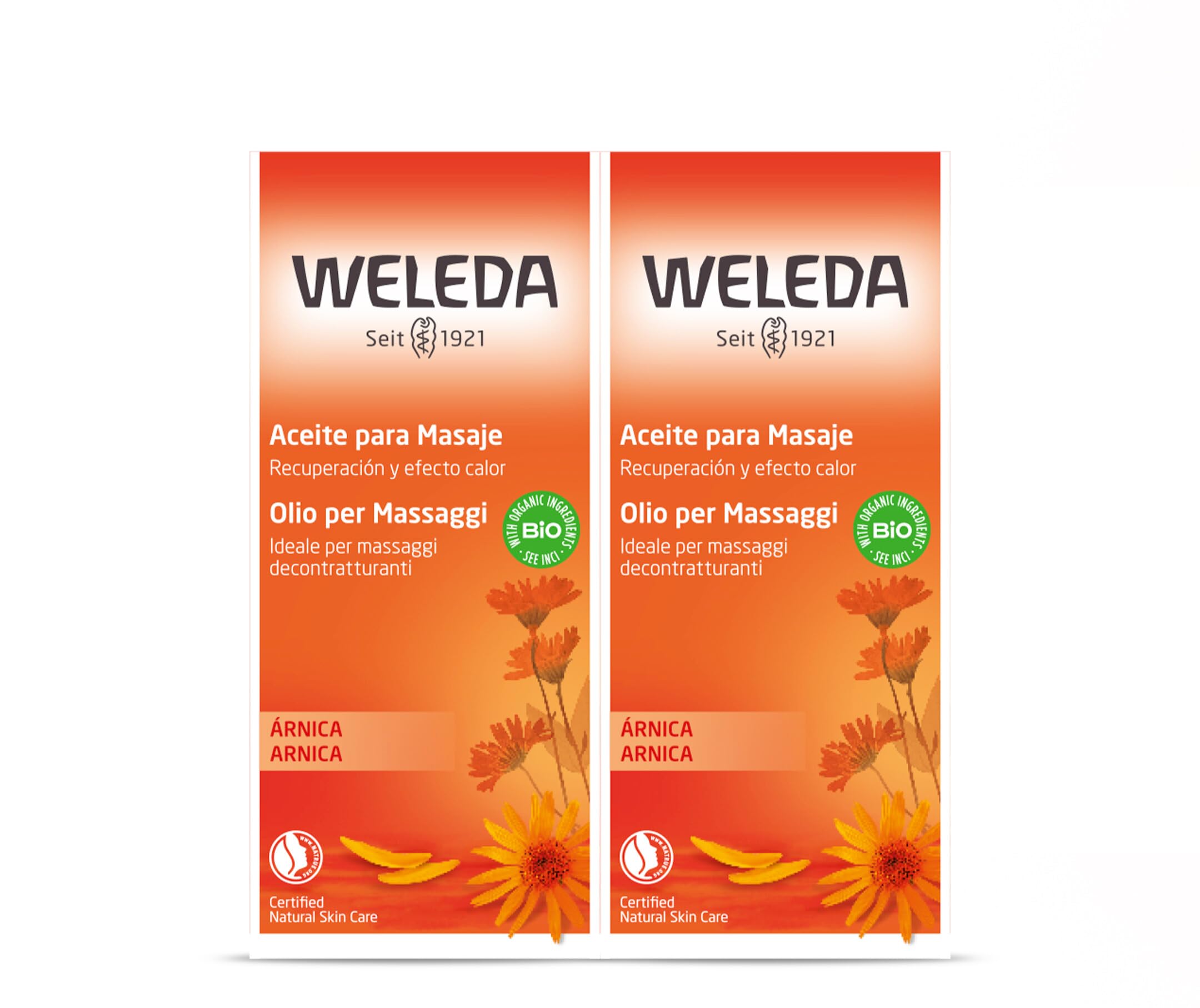 Weleda Bipack Arnica Olio per Massaggi decontratturanti per trattamenti di contratture e tensioni muscolari da fatica e stress, ottimale per applicazione pre e post attività sportiva (2 x 200 ml)
