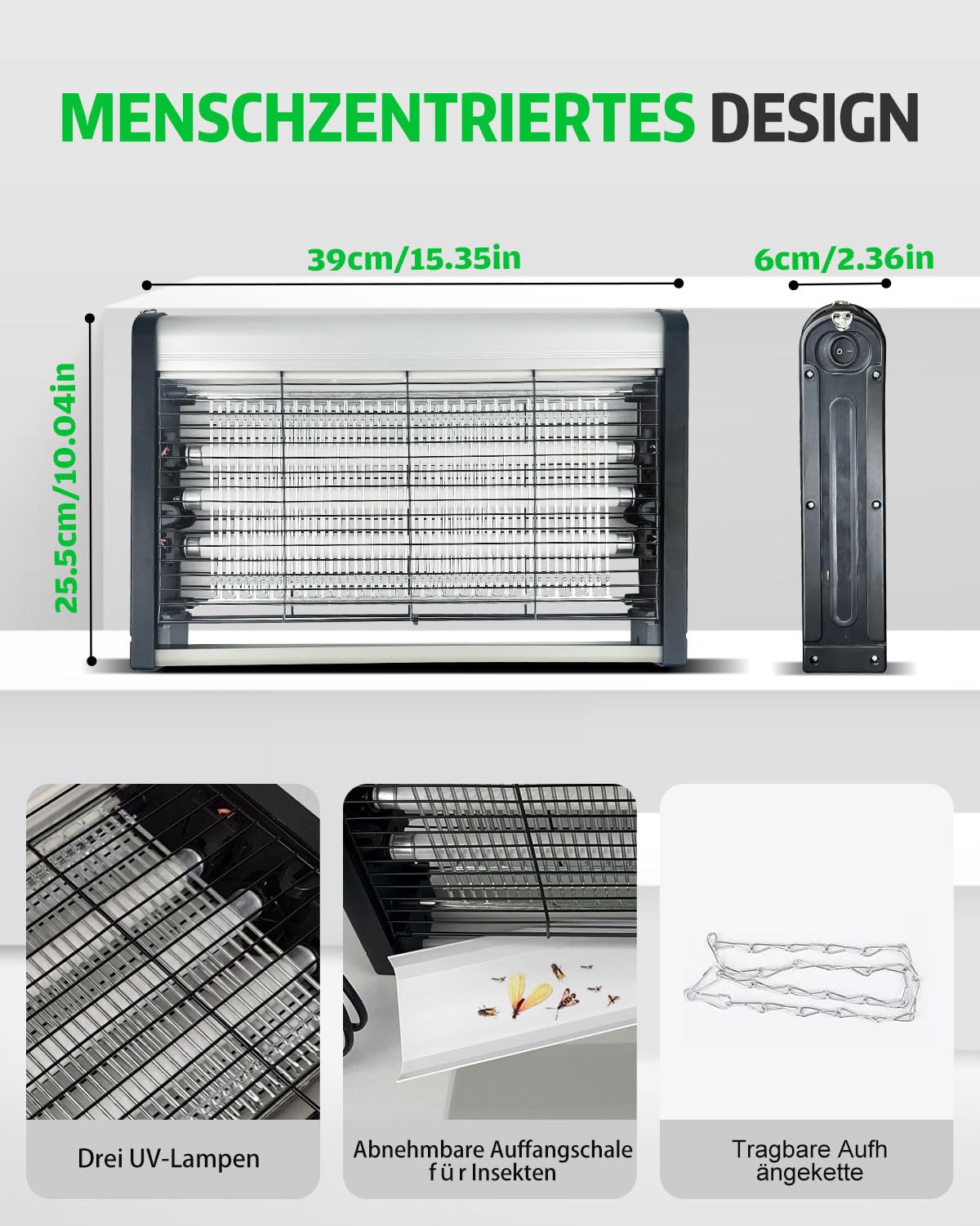 Insektenvernichter Elektrisch 3500V 30W UV Mückenlampe mit 3 UVA-Röhren Mückenfalle fängt Insekten Mücken Fliegen, Elektrische Fliegenfalle für Zuhause Büro, Garten, Doppelseitiges Hochspannungsgitter