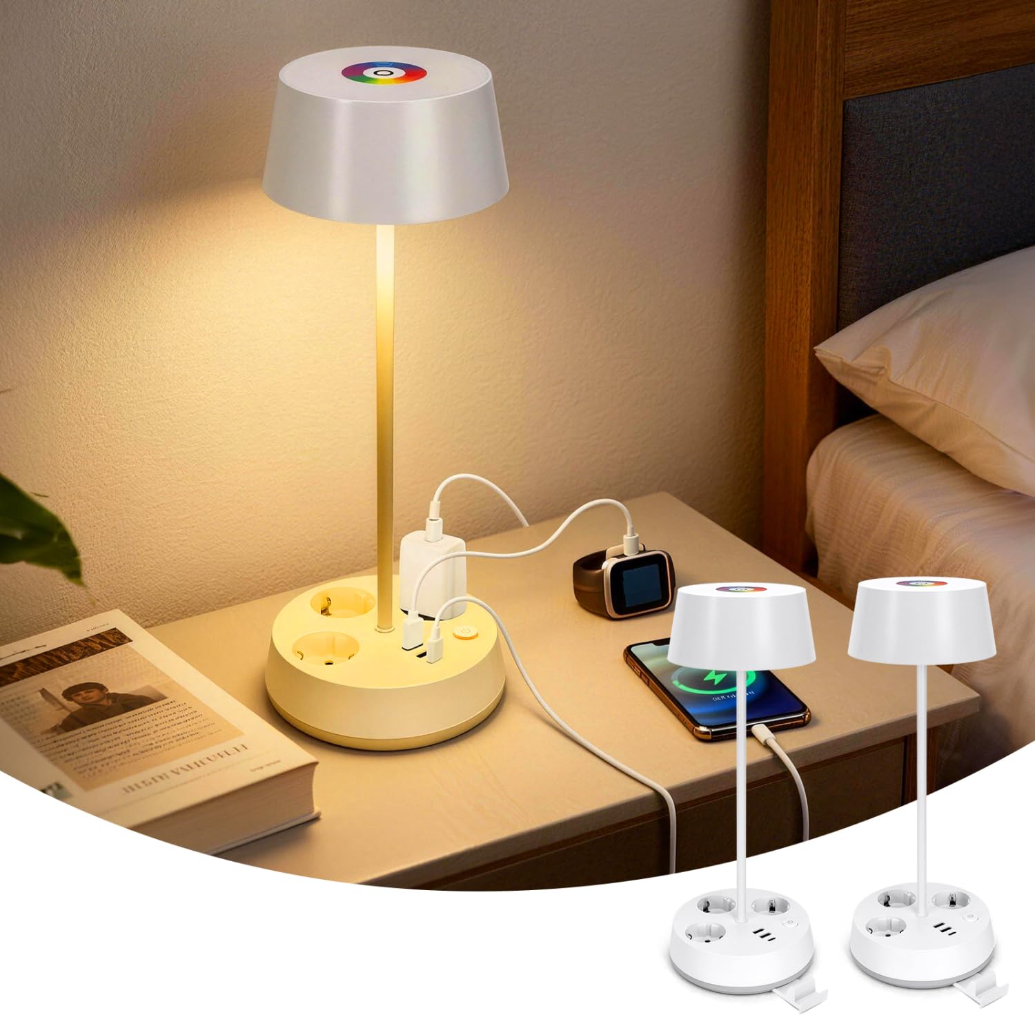 Aigostar Lámpara de Escritorio con Enchufe y Tomas de Corriente, 2 Uds | Salida USB y Tipo C, Lámpara de Mesa Táctil, 3 Temperaturas de Color+RGB, Brillo Ajustable (Blanca)